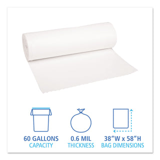 Low-Density Waste Can Liners, 60 gal, 0.6 mil, 38" x 58", White, 25 Bags/Roll, 4 Rolls/Carton