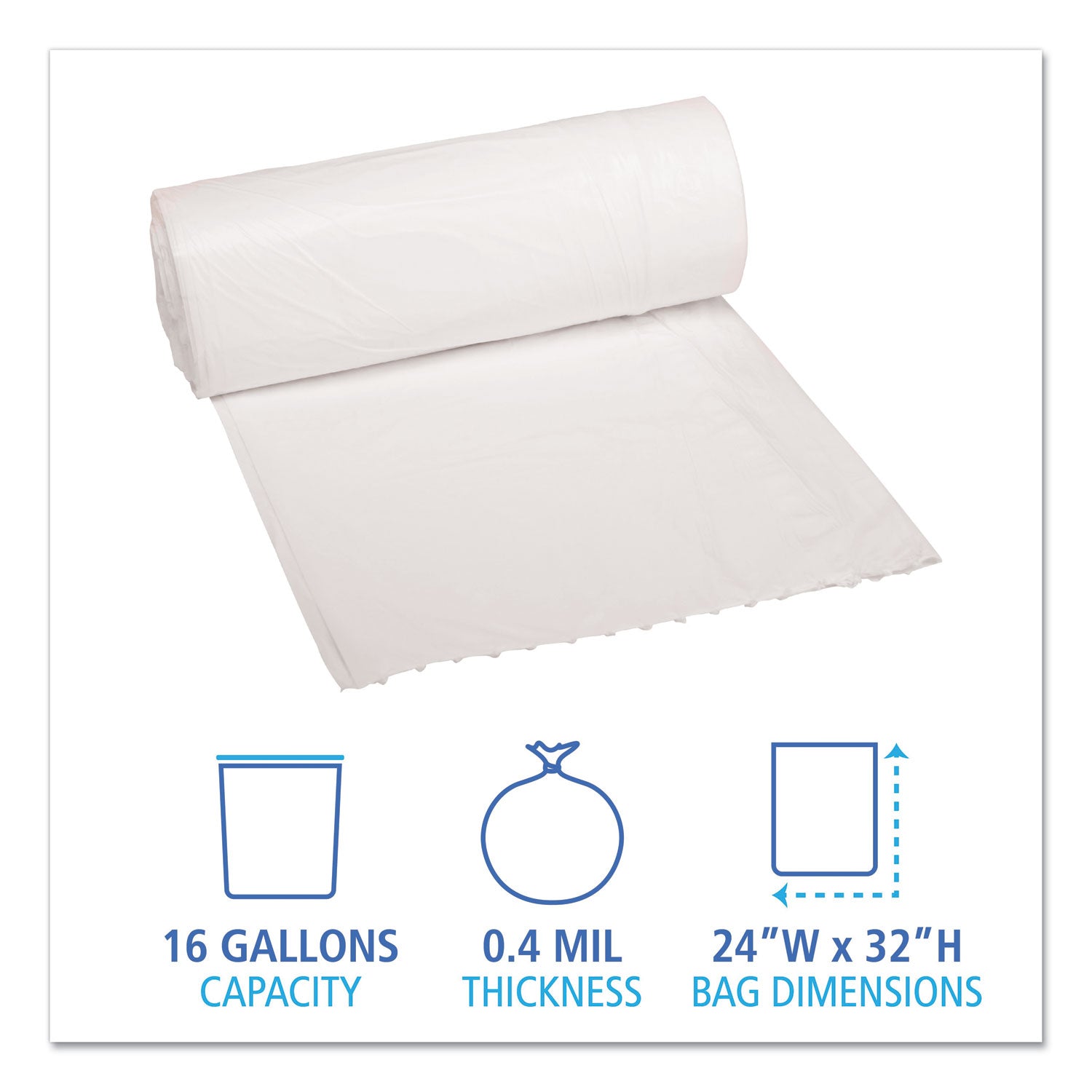 Low-Density Waste Can Liners, 16 gal, 0.4 mil, 24" x 32", White, 25 Bags/Roll, 20 Rolls/Carton