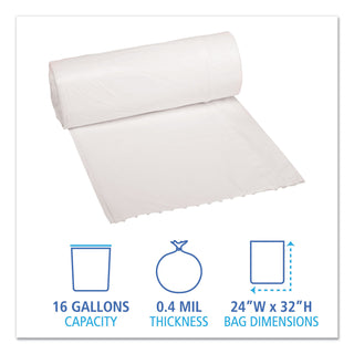 Low-Density Waste Can Liners, 16 gal, 0.4 mil, 24" x 32", White, 25 Bags/Roll, 20 Rolls/Carton