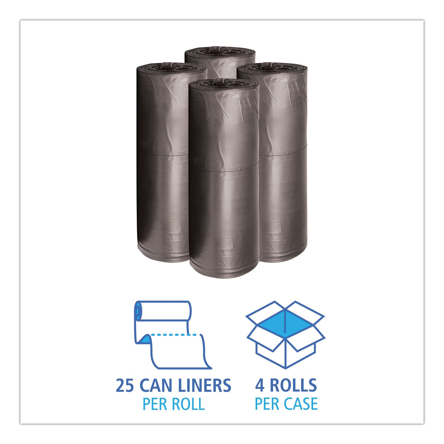 Low-Density Waste Can Liners, 60 gal, 0.65 mil, 38" x 58", Black, 25 Bags/Roll, 4 Rolls/Carton