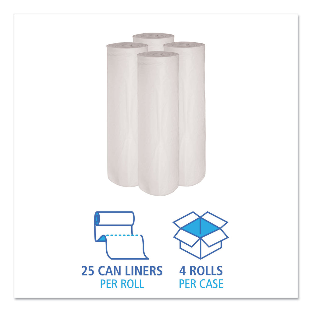 Low-Density Waste Can Liners, 45 gal, 0.6 mil, 40" x 46", White, 25 Bags/Roll, 4 Rolls/Carton