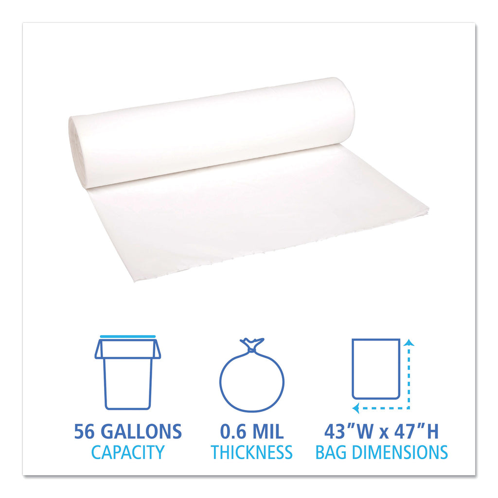 Low-Density Waste Can Liners, 56 gal, 0.6 mil, 43" x 47", White, 25 Bags/Roll, 4 Rolls/Carton
