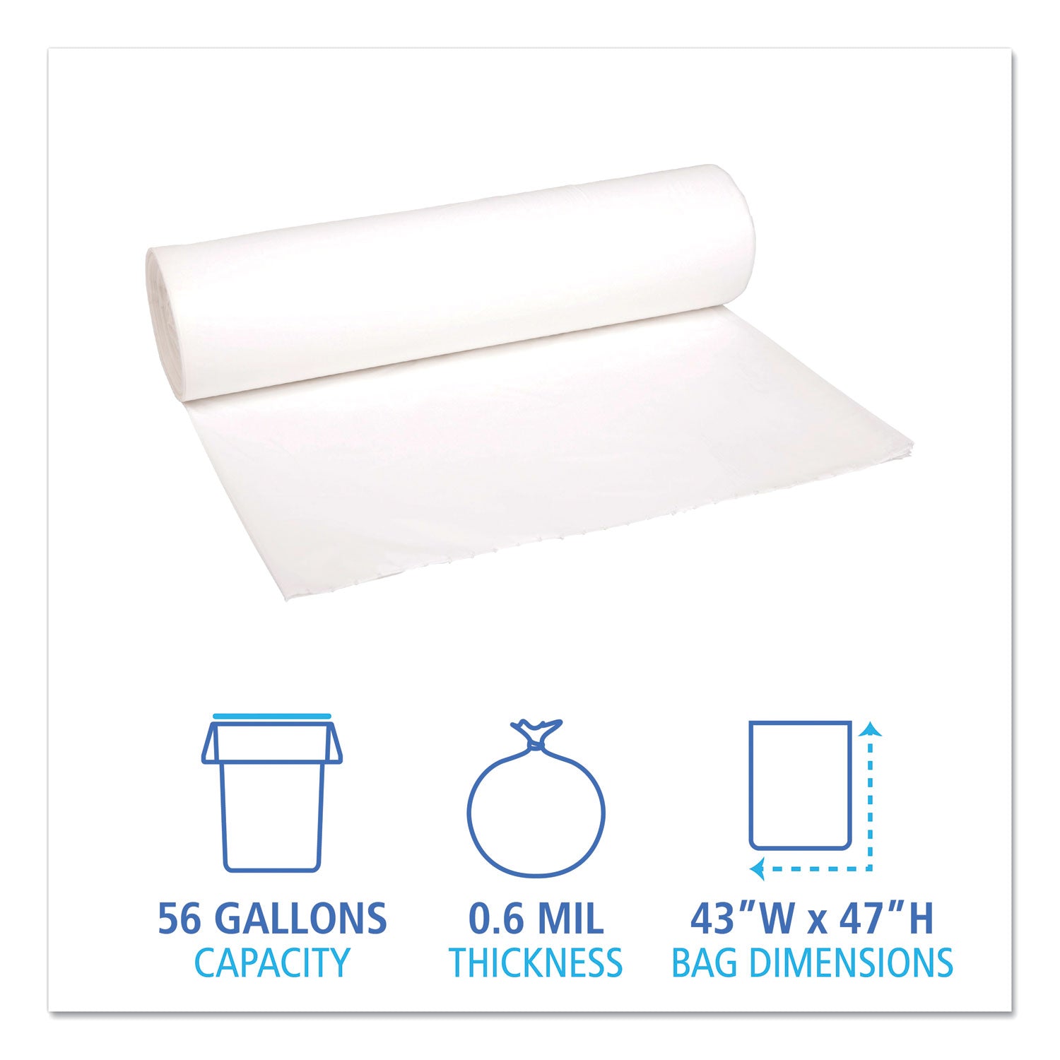 Low-Density Waste Can Liners, 56 gal, 0.6 mil, 43" x 47", White, 25 Bags/Roll, 4 Rolls/Carton