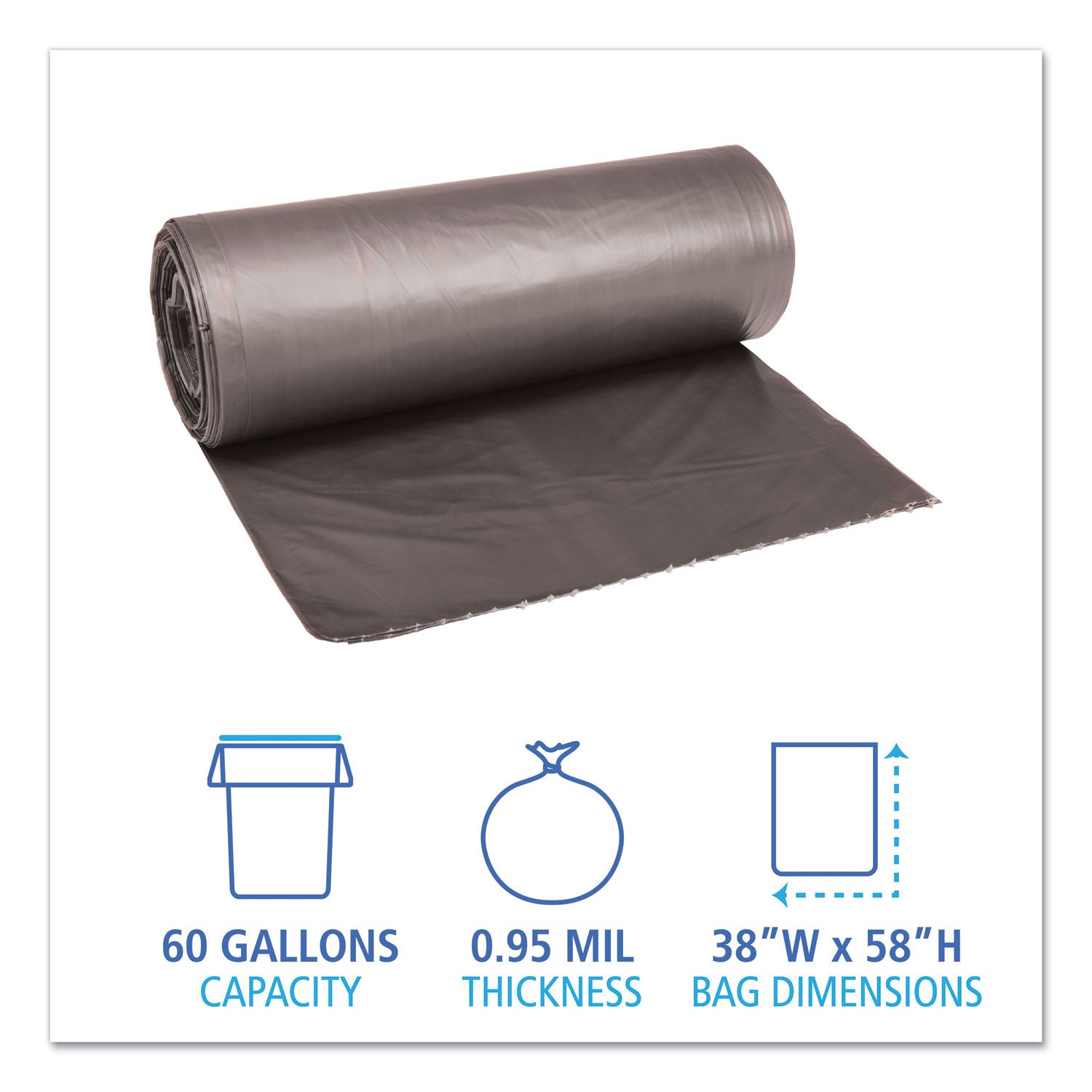 Low-Density Waste Can Liners, 60 gal, 0.95 mil, 38" x 58", Gray, 25 Bags/Roll, 4 Rolls/Carton