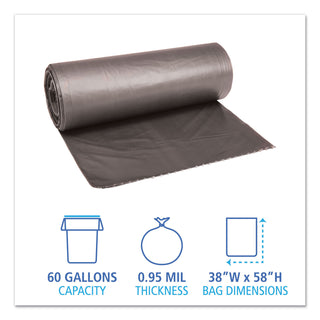 Low-Density Waste Can Liners, 60 gal, 0.95 mil, 38" x 58", Gray, 25 Bags/Roll, 4 Rolls/Carton