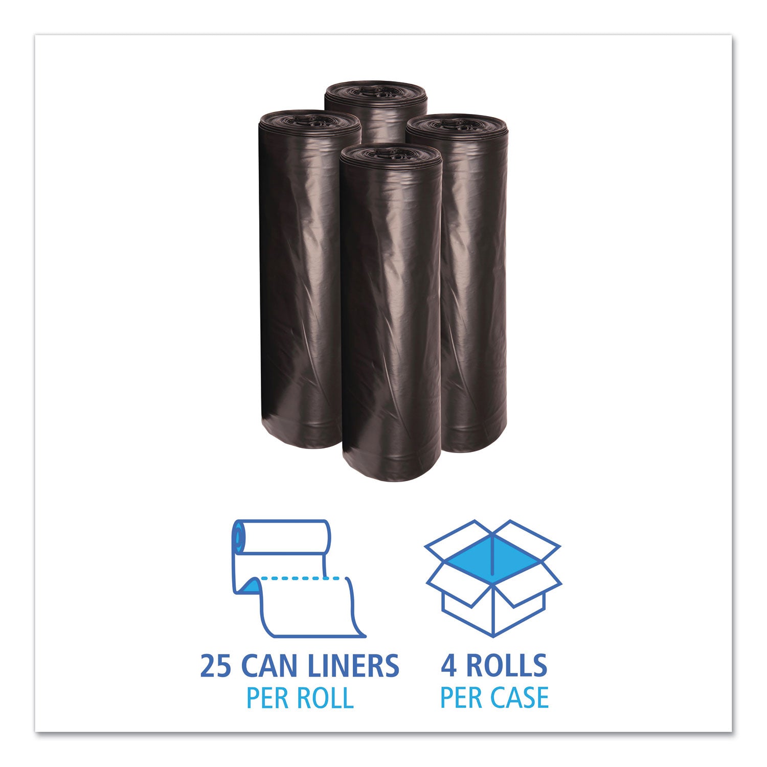 Low-Density Waste Can Liners, 56 gal, 0.6 mil, 43" x 47", Black, 25 Bags/Roll, 4 Rolls/Carton