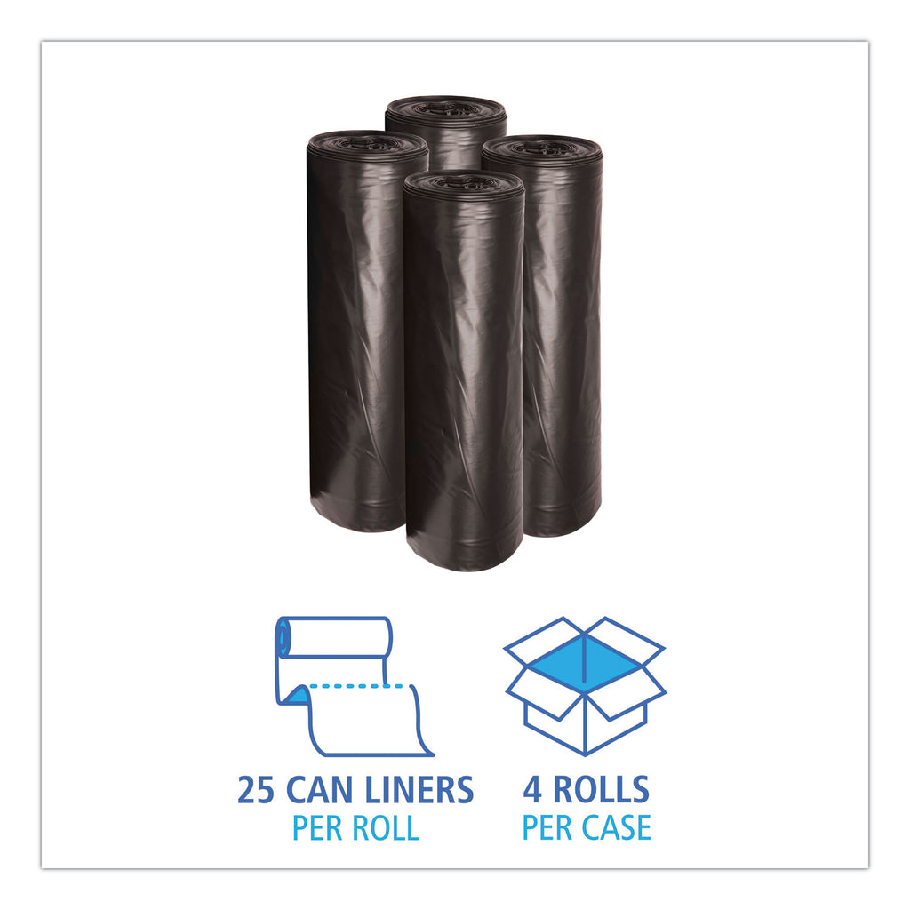 Low-Density Waste Can Liners, 45 gal, 0.6 mil, 40" x 46", Black, 25 Bags/Roll, 4 Rolls/Carton