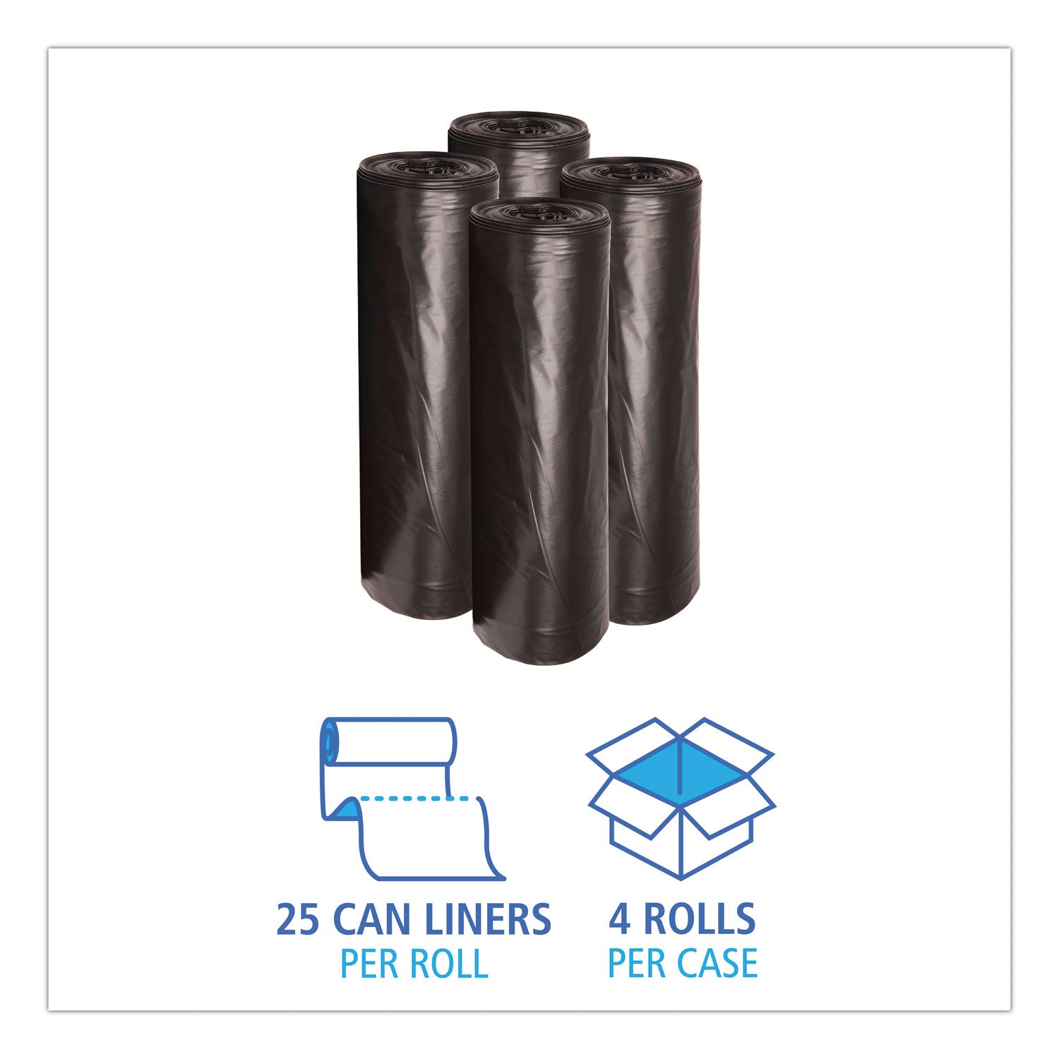 Low-Density Waste Can Liners, 45 gal, 0.6 mil, 40" x 46", Black, 25 Bags/Roll, 4 Rolls/Carton