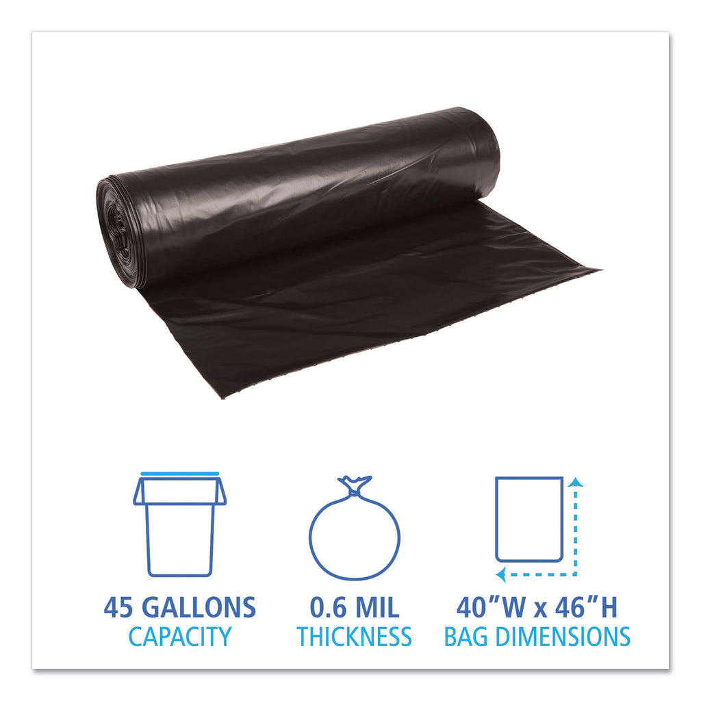 Low-Density Waste Can Liners, 45 gal, 0.6 mil, 40" x 46", Black, 25 Bags/Roll, 4 Rolls/Carton