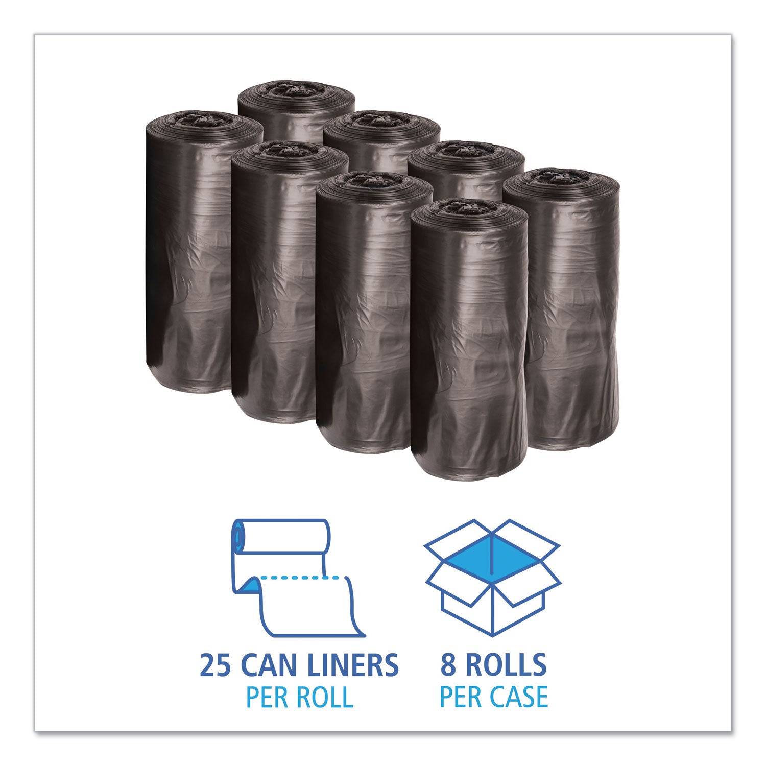 Low-Density Waste Can Liners, 33 gal, 0.5 mil, 33" x 39", Black, 25 Bags/Roll, 8 Rolls/Carton