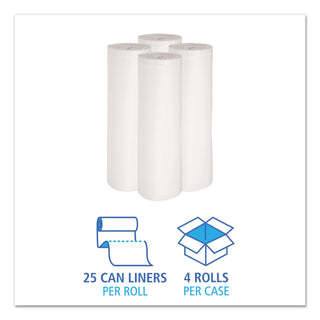 Low-Density Waste Can Liners, 60 gal, 0.6 mil, 38" x 58", White, 25 Bags/Roll, 4 Rolls/Carton