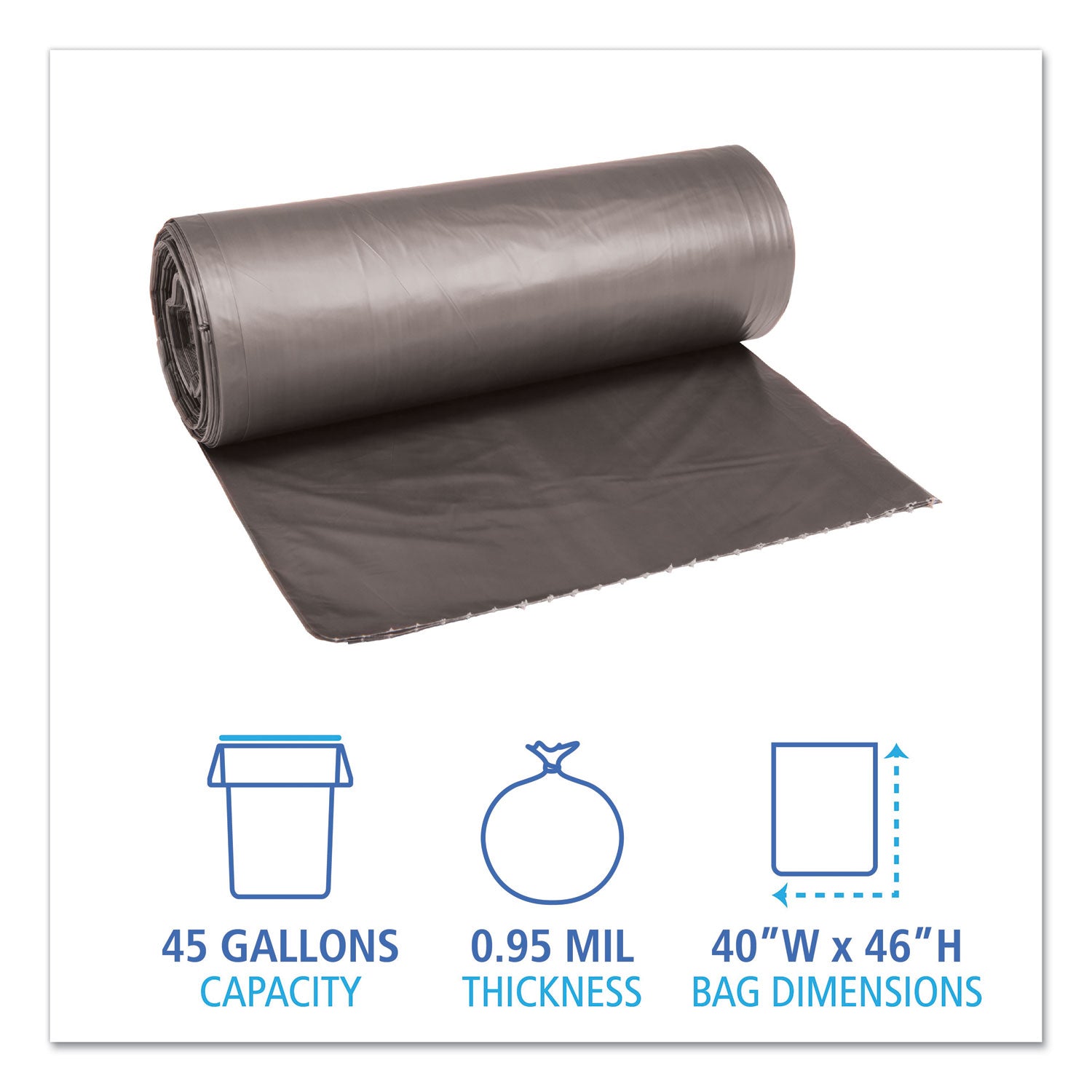 Low-Density Waste Can Liners, 45 gal, 0.95 mil, 40" x 46", Gray, 25 Bags/Roll, 4 Rolls/Carton