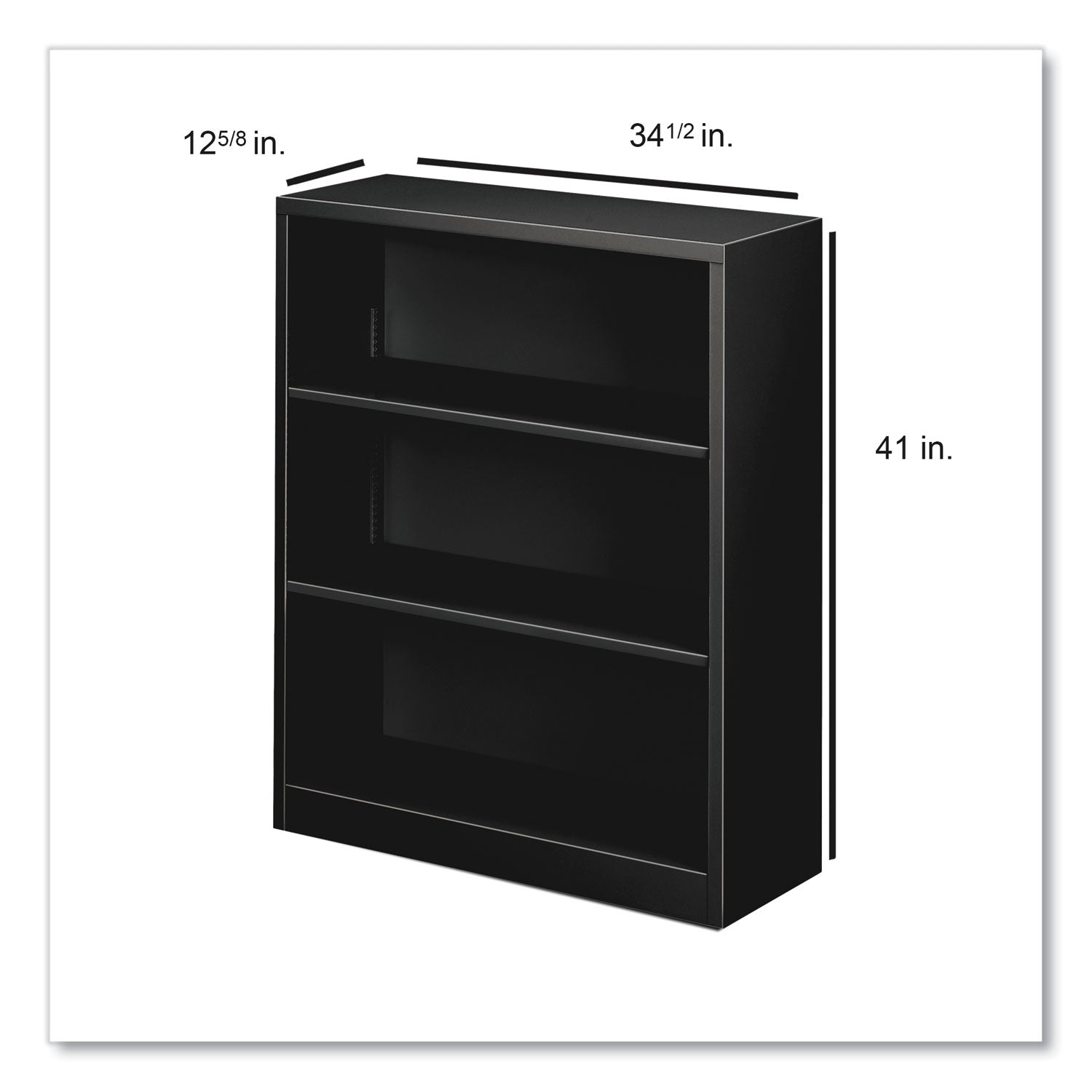 Metal Bookcase, Three-Shelf, 34.5w x 12.63d x 41h, Black - 