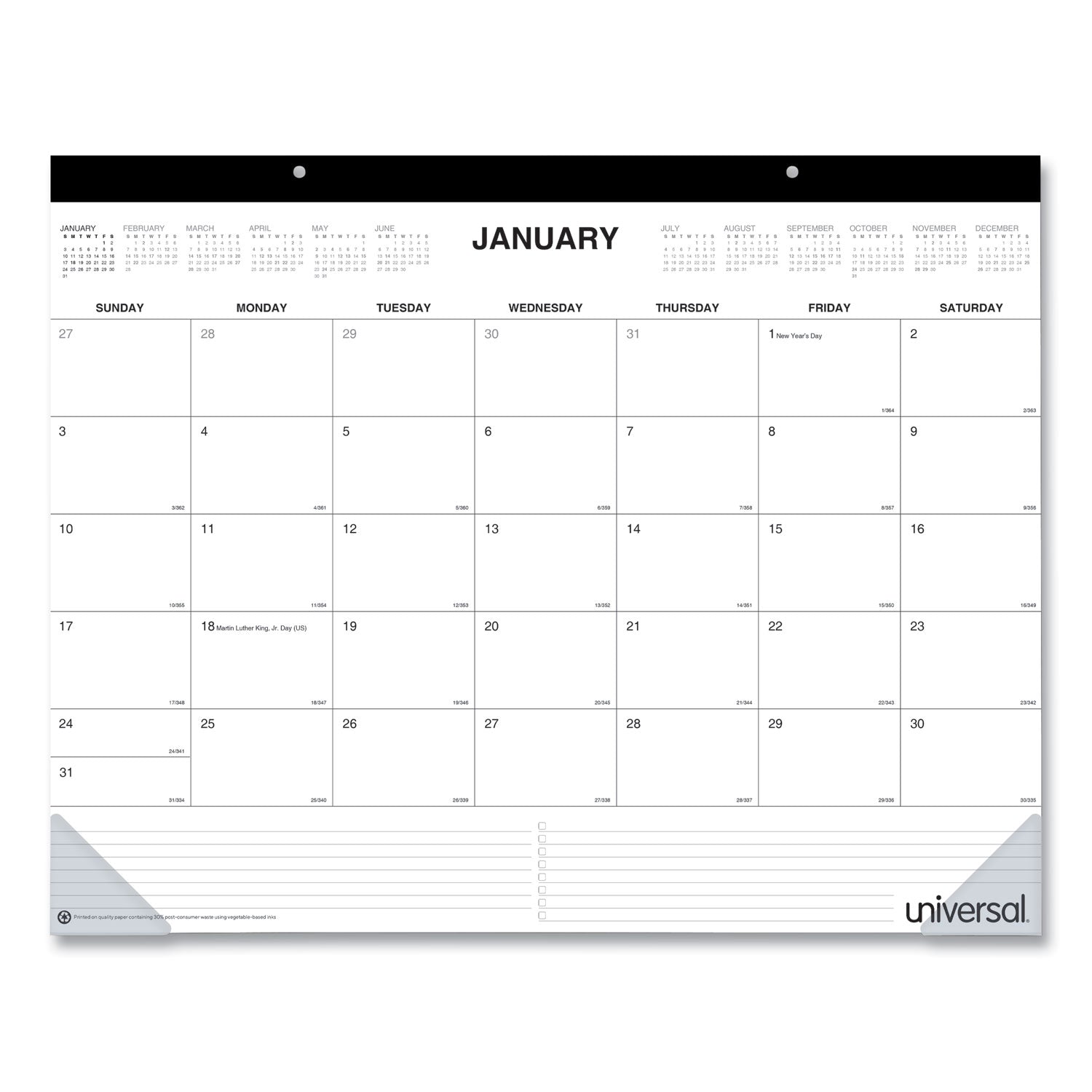 desk-pad-calendar-22-x-17-white-black-sheets-black-binding-clear-corners-12-month-jan-to-dec-2024_unv71002 - 1