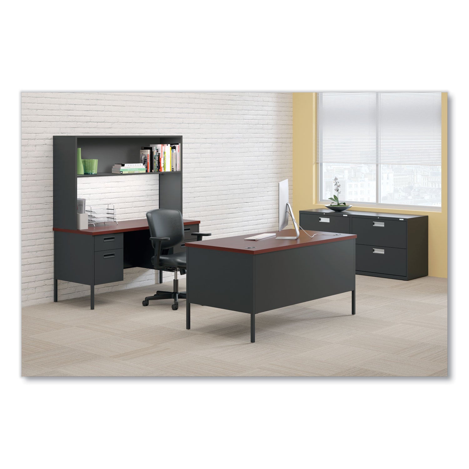 Metro Classic Series Double Pedestal Desk, Flush Panel, 60" x 30" x 29.5", Mahogany/Charcoal