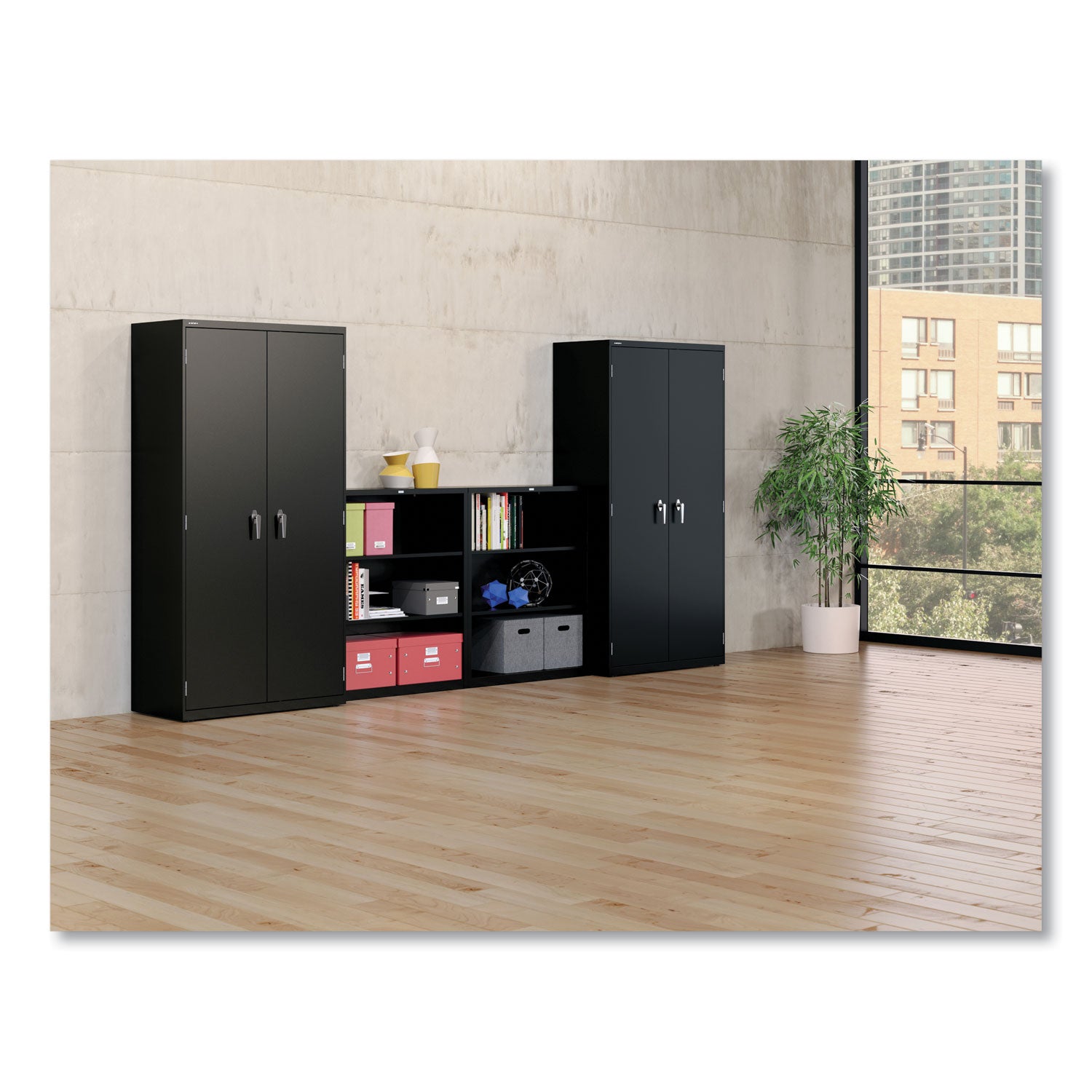 Metal Bookcase, Three-Shelf, 34.5w x 12.63d x 41h, Black - 