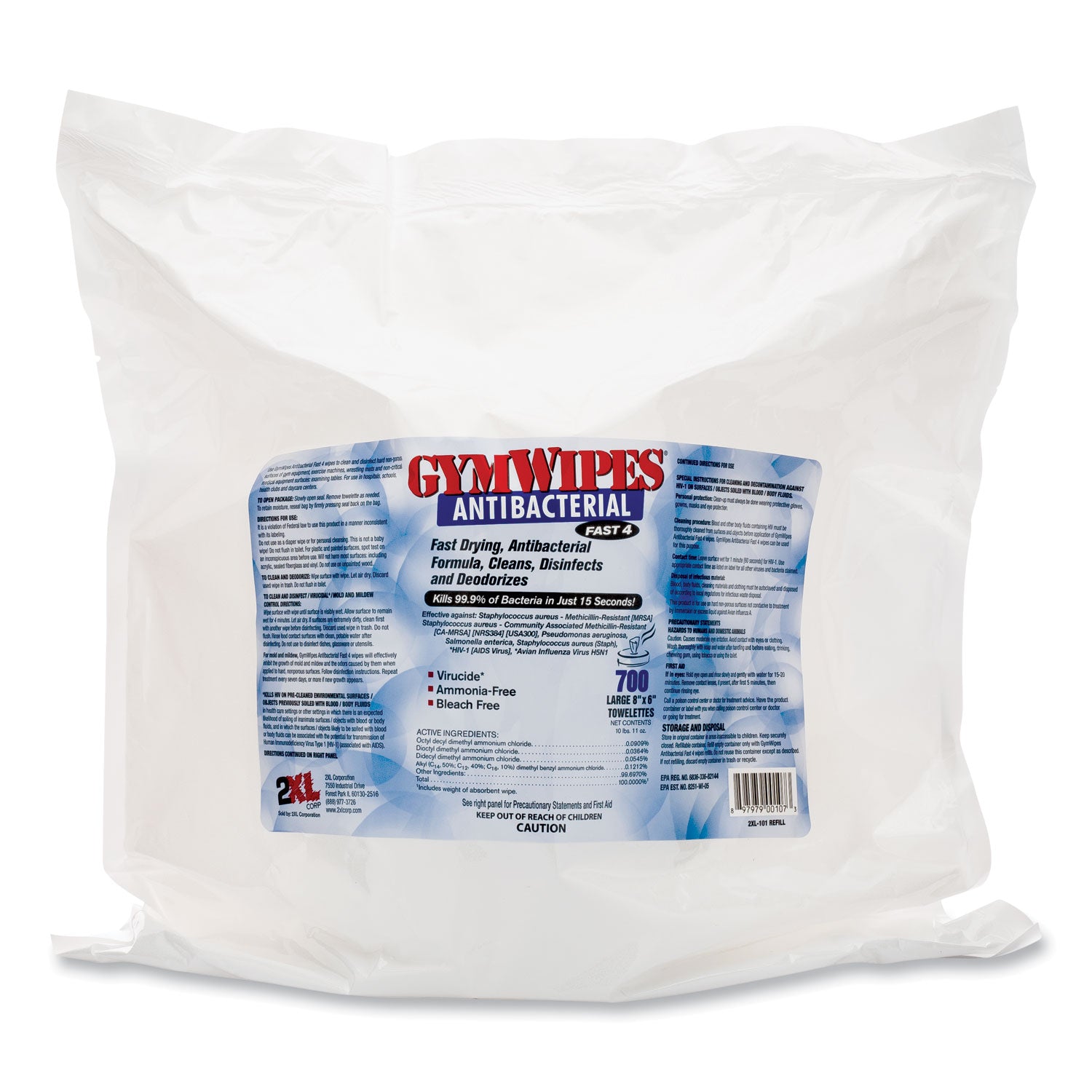 Antibacterial Gym Wipes Refill, 1-Ply, 6 x 8, Unscented, White, 700 Wipes/Pack, 4 Packs/Carton - 