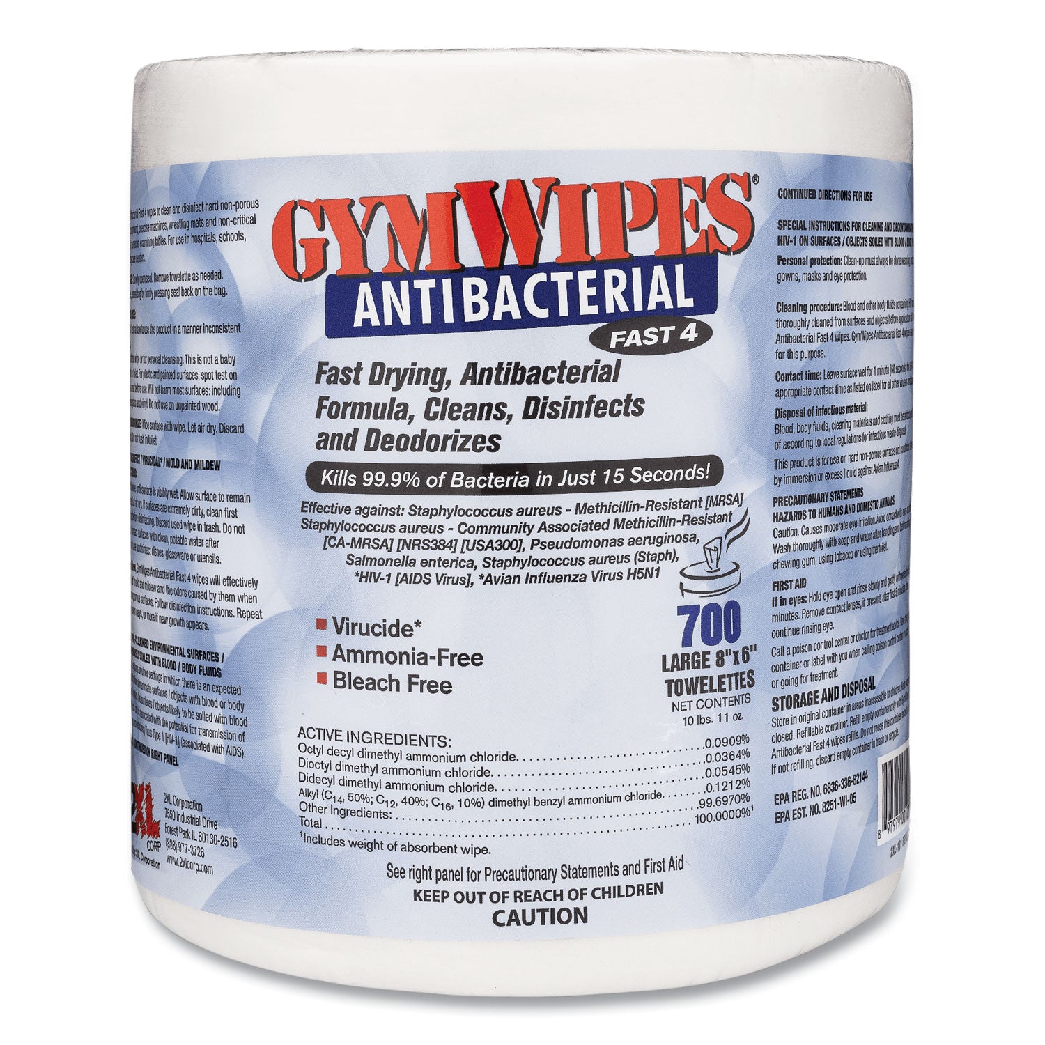 Antibacterial Gym Wipes Refill, 1-Ply, 6 x 8, Unscented, White, 700 Wipes/Pack, 4 Packs/Carton - 