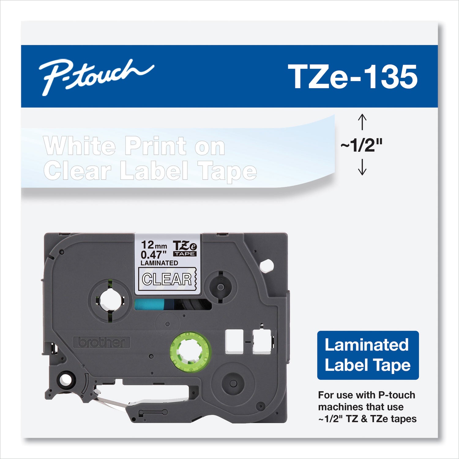 TZe Standard Adhesive Laminated Labeling Tape, 0.47" x 26.2 ft, White on Clear
