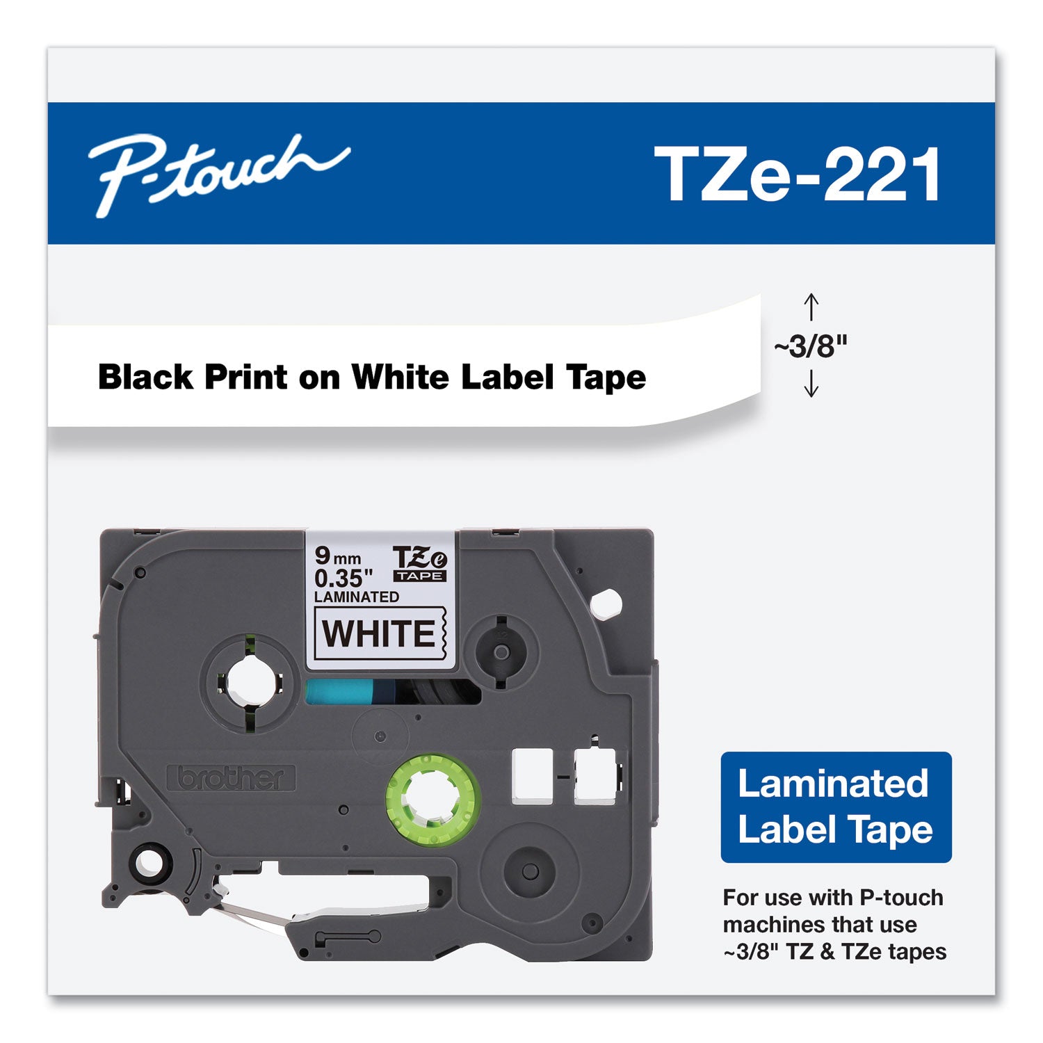TZe Standard Adhesive Laminated Labeling Tape, 0.35" x 26.2 ft, Black on White