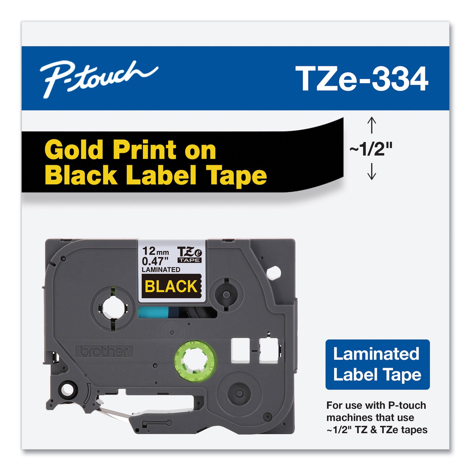 TZe Standard Adhesive Laminated Labeling Tape, 0.47" x 26.2 ft, Gold on Black