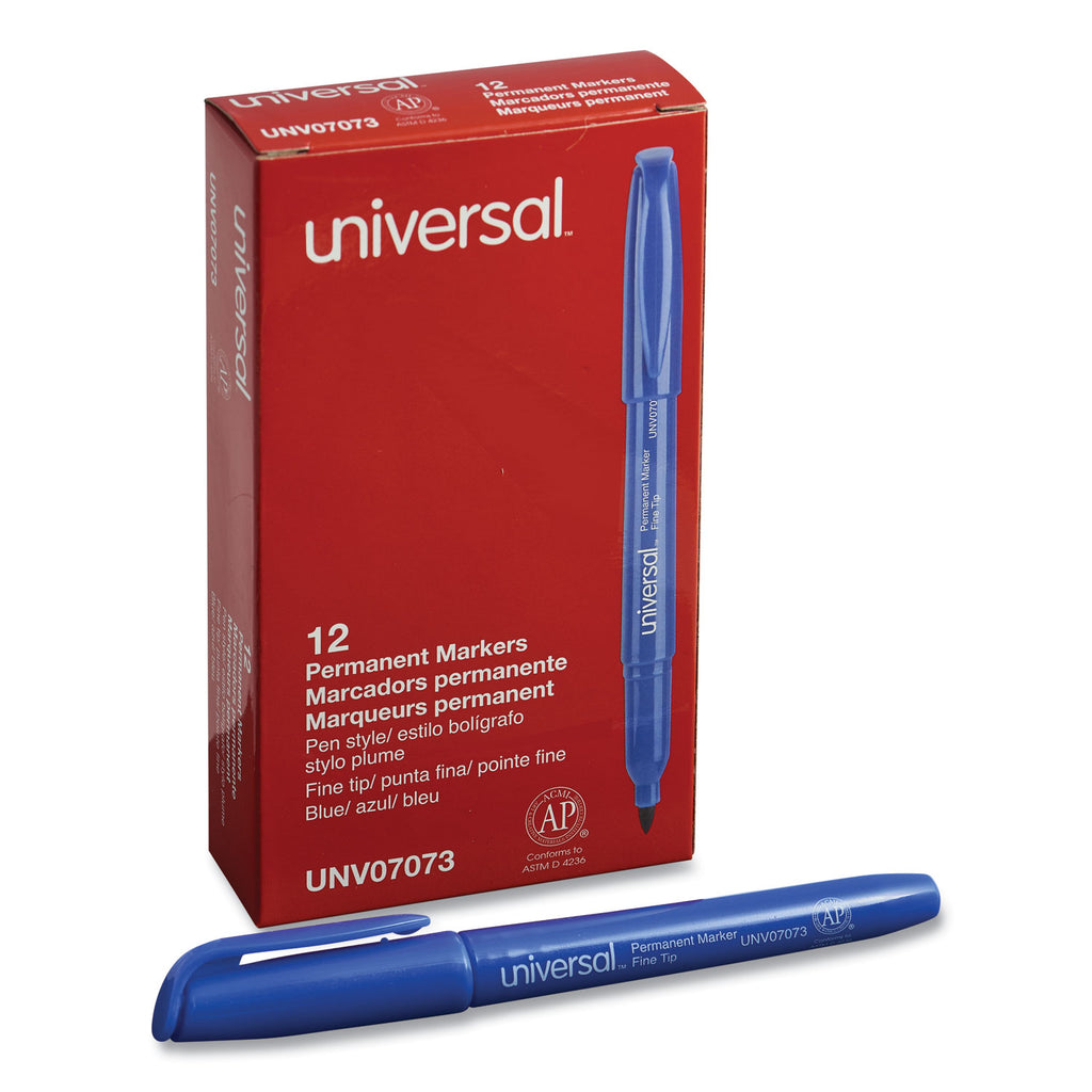 Pen-Style Permanent Marker, Fine Bullet Tip, Blue, Dozen