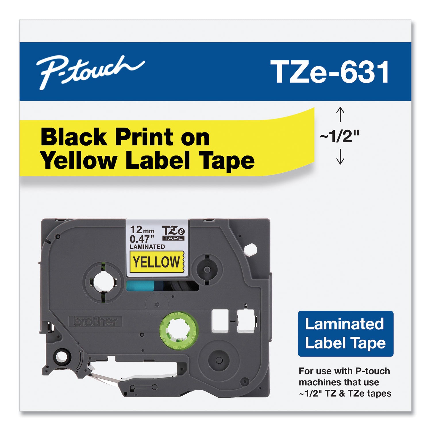 TZe Standard Adhesive Laminated Labeling Tape, 0.47" x 26.2 ft, Black on Yellow