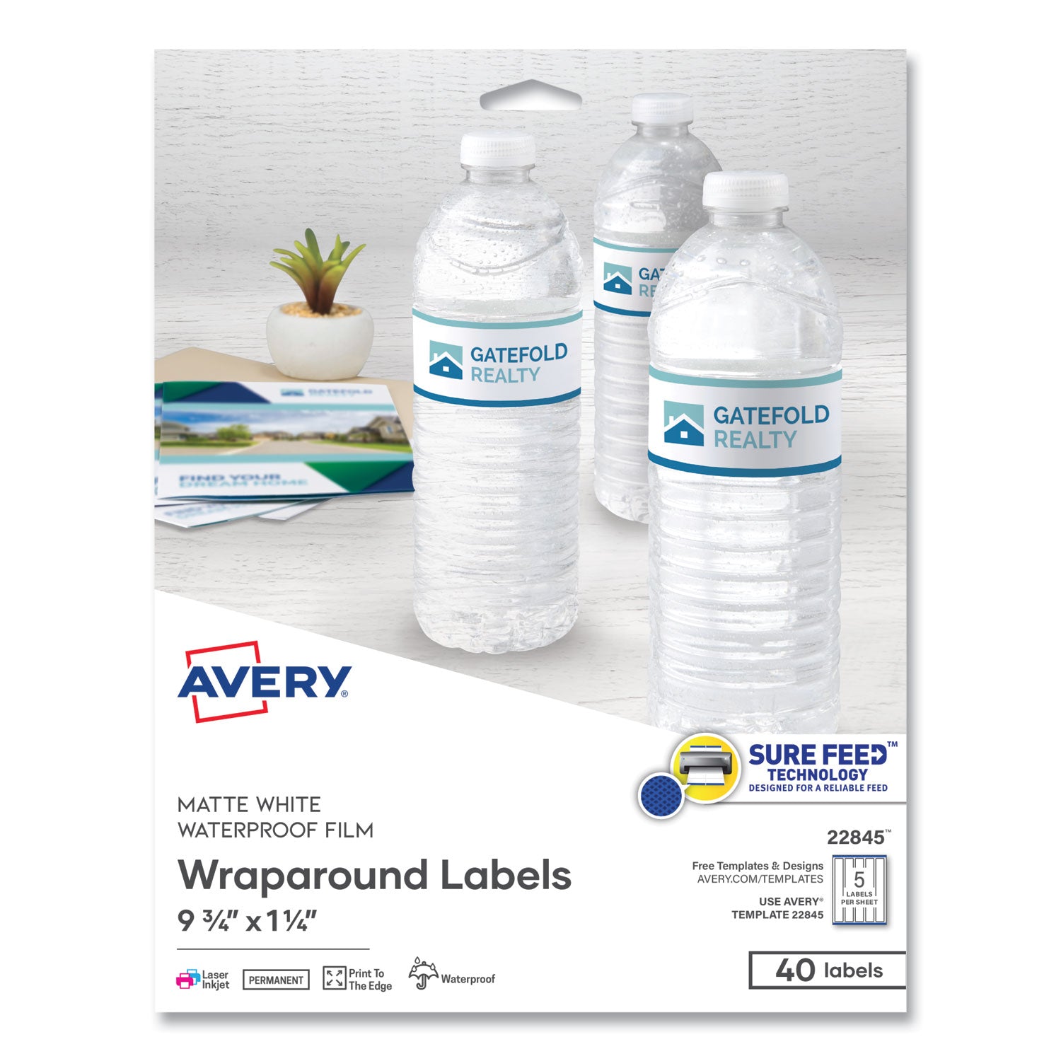 Water-Resistant Wraparound Labels w/ Sure Feed, 9.75 x 1.25, White, 40/Pack - 