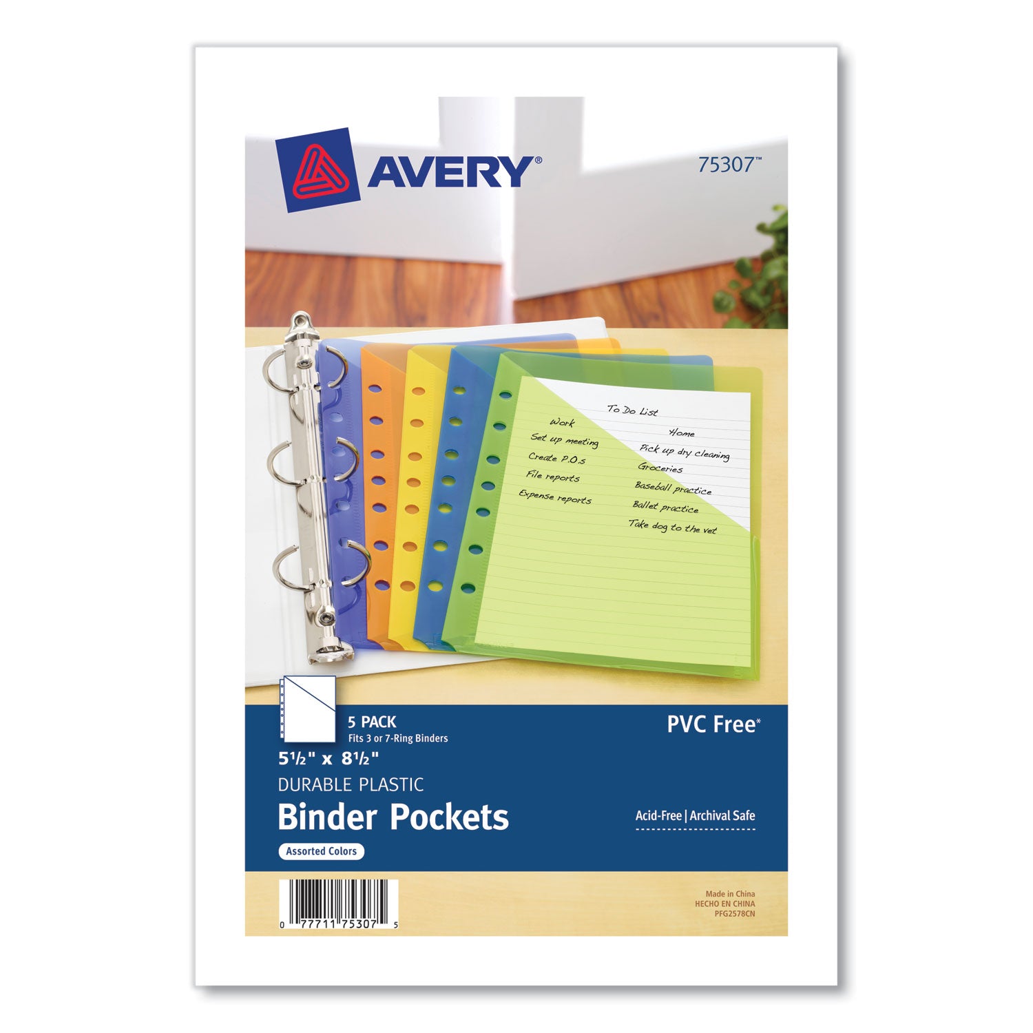 Small Binder Pockets, Standard, 7-Hole Punched, Assorted, 9.25 x 5.5, 5/Pack - 