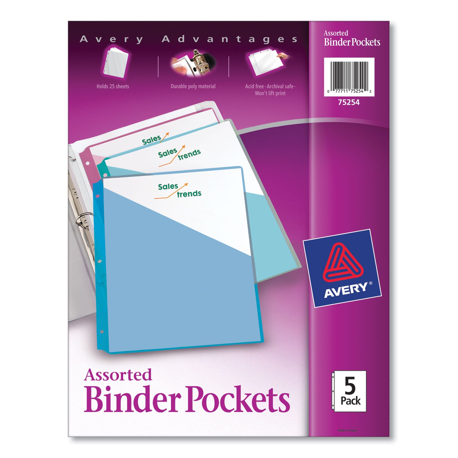 Binder Pockets, 3-Hole Punched, 9.25 x 11, Assorted Colors, 5/Pack - 