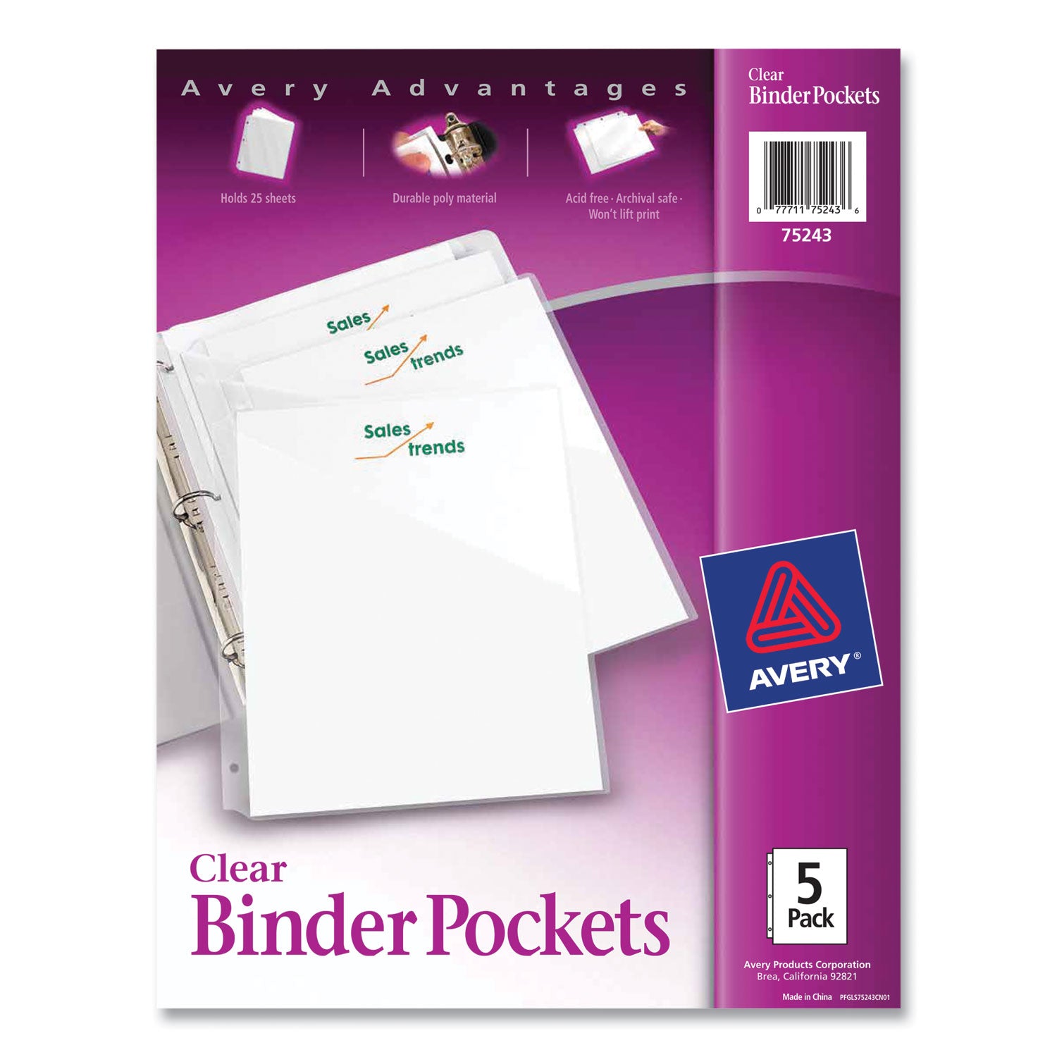 Binder Pockets, 3-Hole Punched, 9.25 x 11, Clear, 5/Pack - 