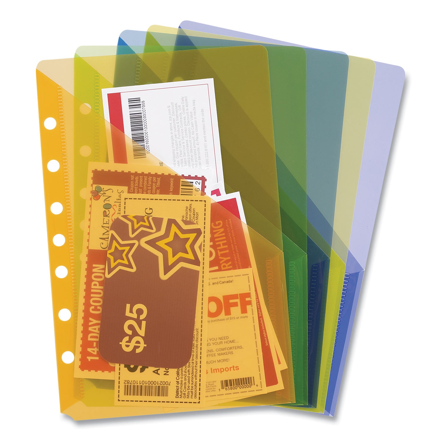 Small Binder Pockets, Standard, 7-Hole Punched, Assorted, 9.25 x 5.5, 5/Pack