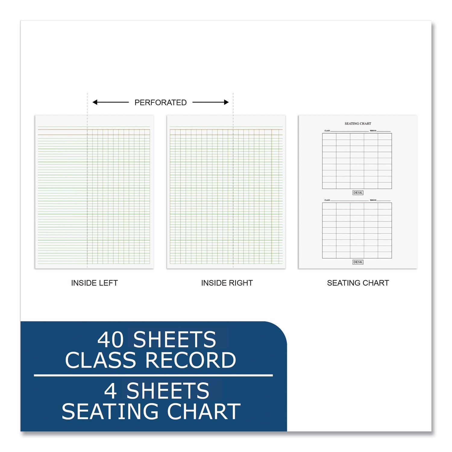 Teacher's Record Roll Book, Five to Six Week Term: Two-Page Spread (50 Students), 11 x 8.5, Green/Gold Cover - 