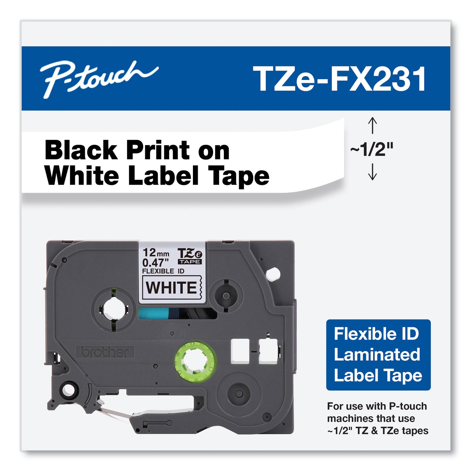 Flexible ID Tape, 0.47" x 26.2 ft, Black on White - 2