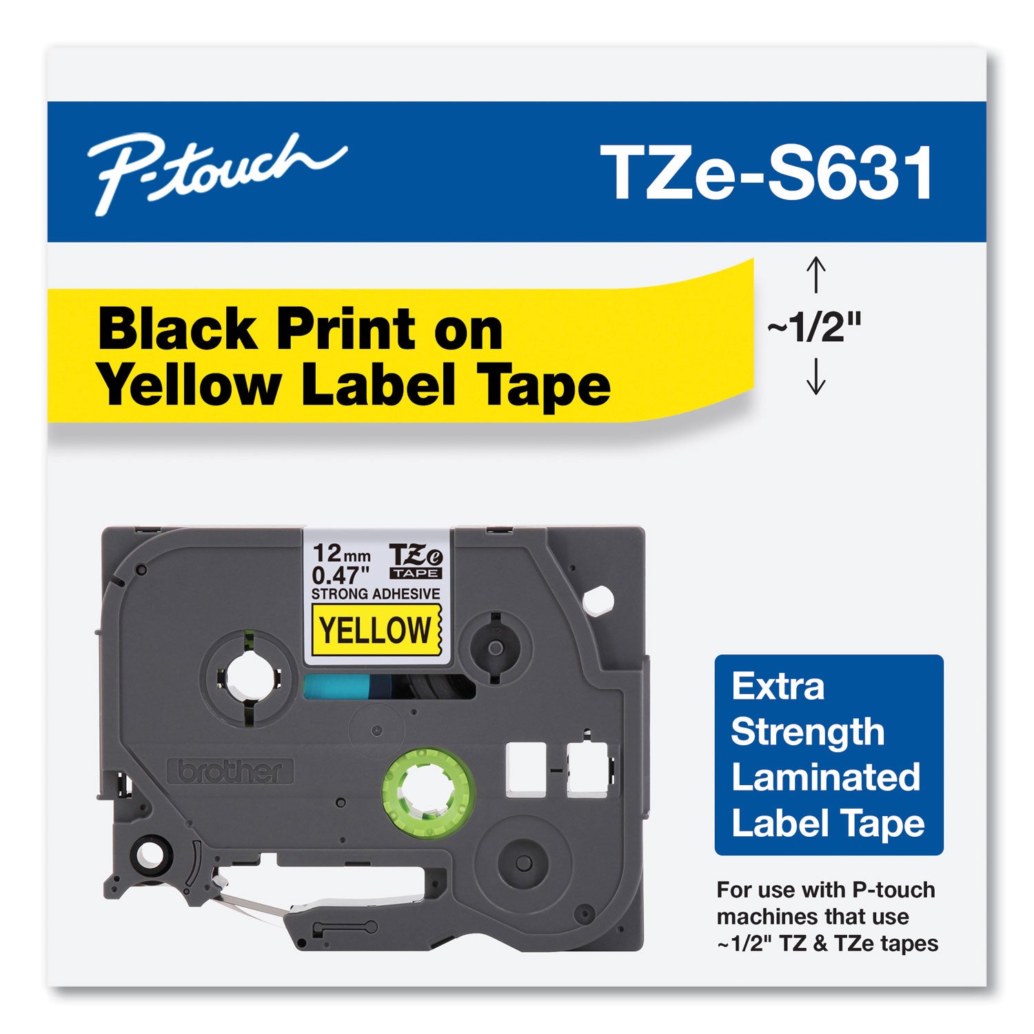 TZe Extra-Strength Adhesive Laminated Labeling Tape, 0.47" x 26.2 ft, Black on Yellow