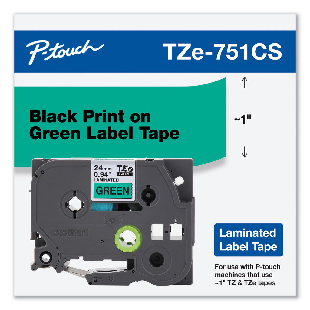 TZe Laminated Removable Label Tapes, 0.94" x 26.2 ft, Black on Green