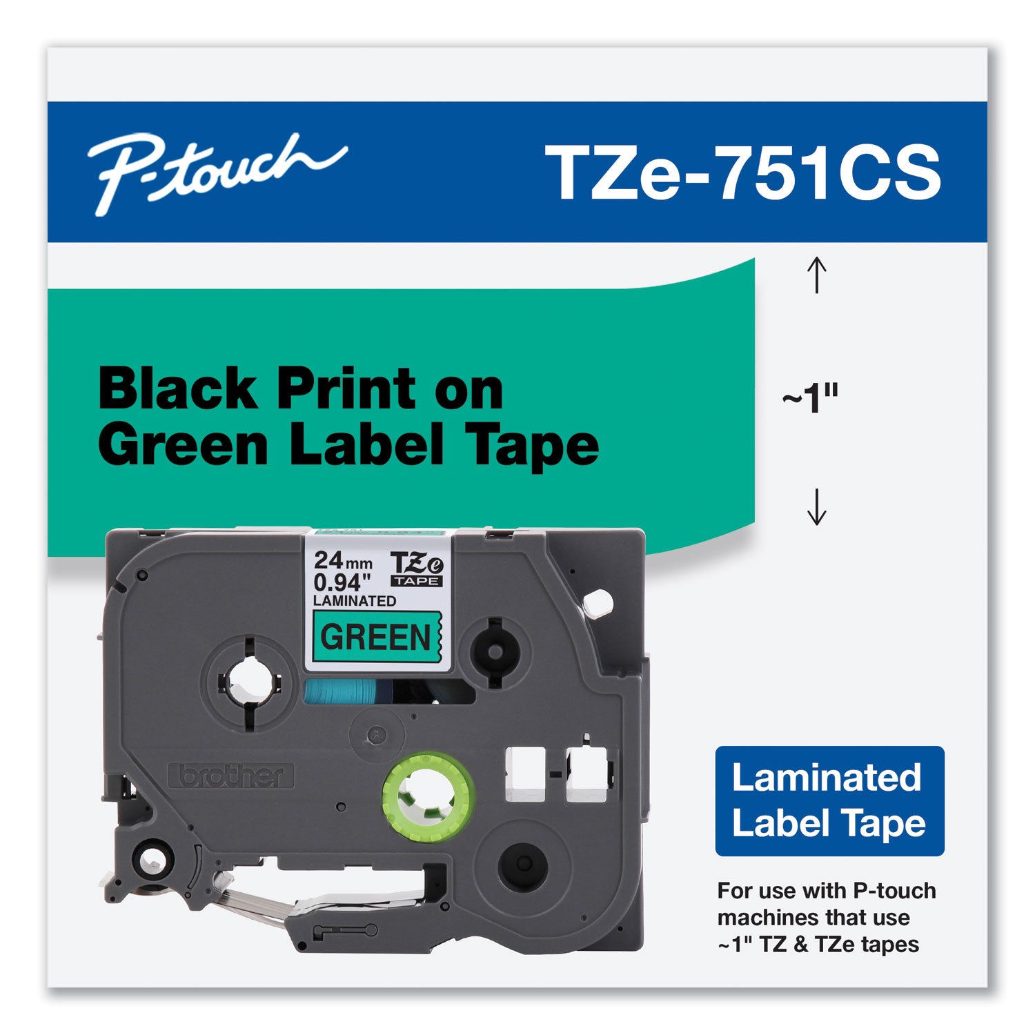 TZe Laminated Removable Label Tapes, 0.94" x 26.2 ft, Black on Green