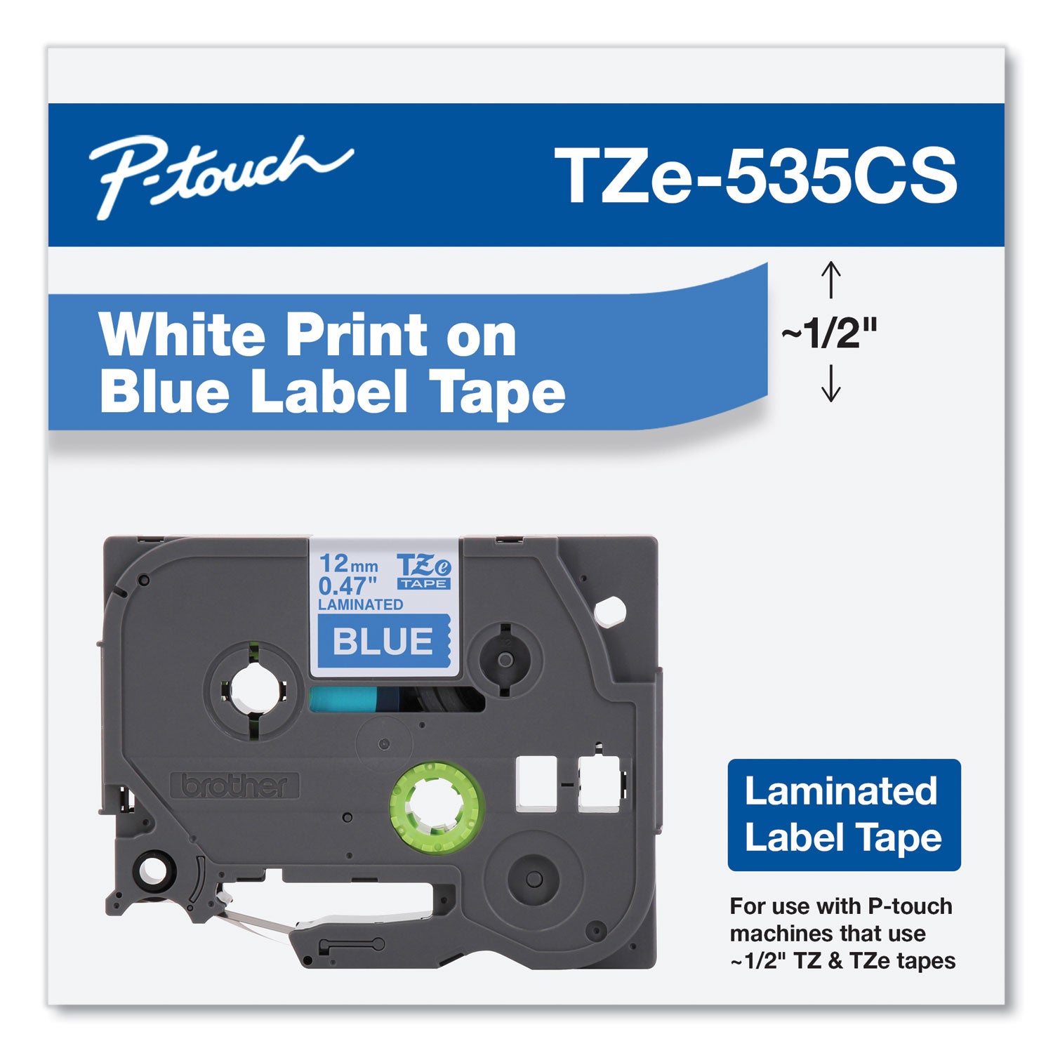 TZe Laminated Removable Label Tapes, 0.47" x 26.2 ft, White on Blue