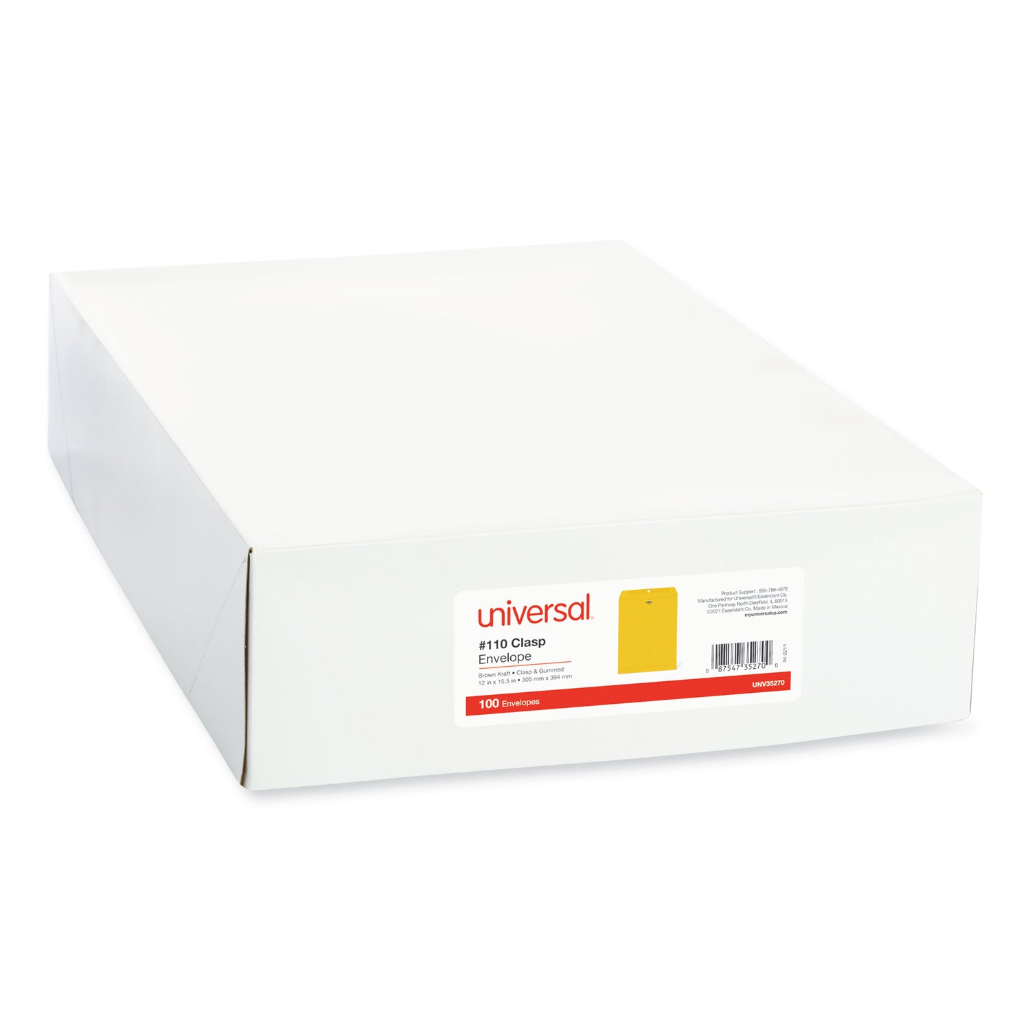 Kraft Clasp Envelope, #110, Square Flap, Clasp/Gummed Closure, 12 x 15.5, Brown Kraft, 100/Box - 
