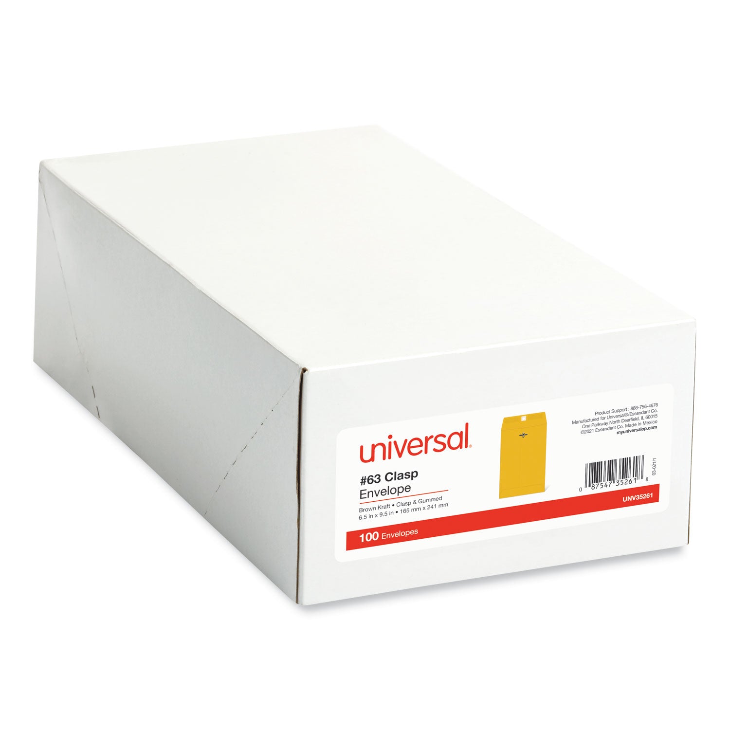 Kraft Clasp Envelope, #63, Square Flap, Clasp/Gummed Closure, 6.5 x 9.5, Brown Kraft, 100/Box - 