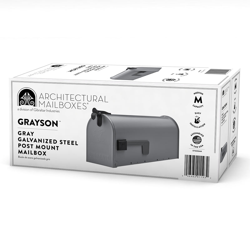 Plexon Mailboxes Classic Post Mount Mailbox - 20.28" L x 9.45" H x 6.78" W, Galvanized Steel, Gray, Rust-Resistant Powder Coated Finish