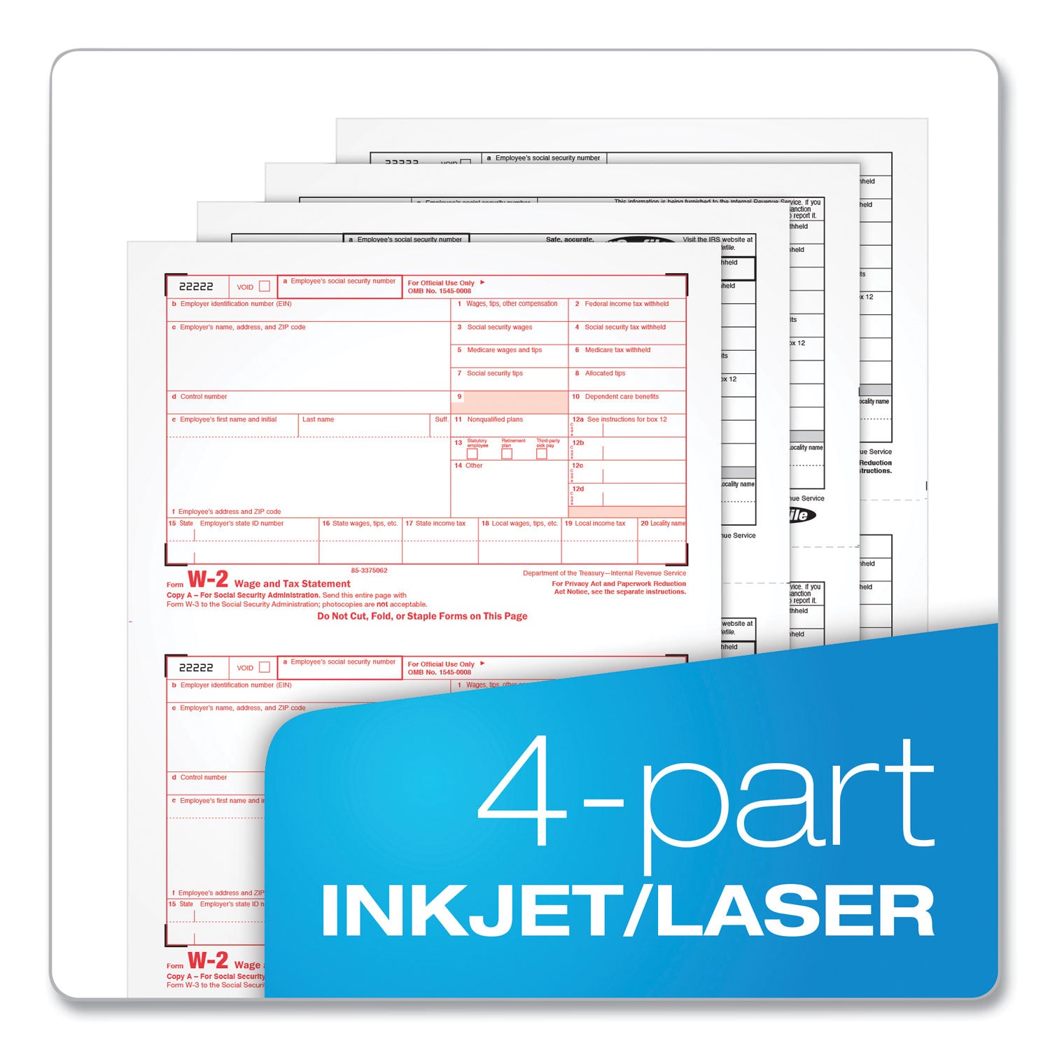W-2 Tax Forms for Inkjet/Laser Printers, Fiscal Year: 2023, Four-Part Carbonless, 8.5 x 5.5, 2 Forms/Sheet, 50 Forms Total - 