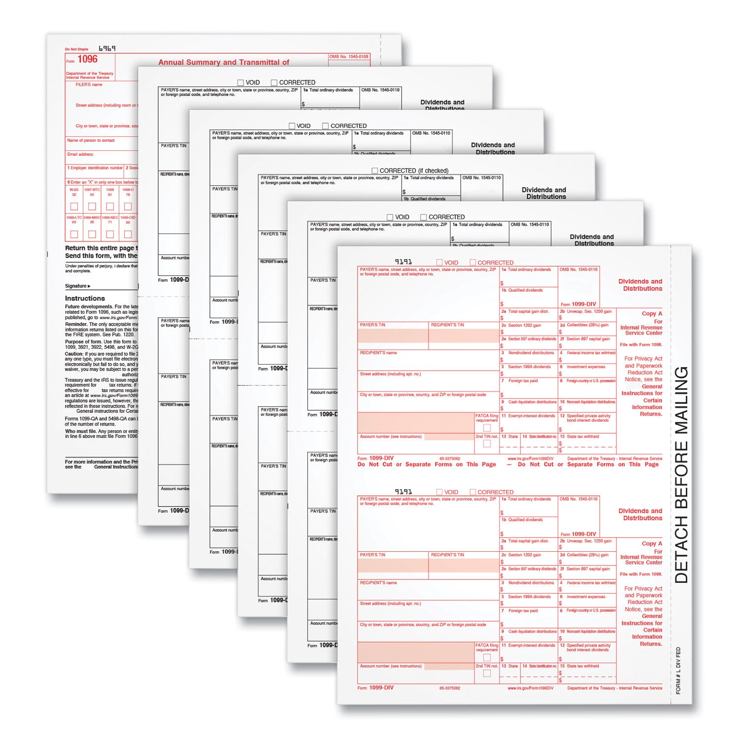 1099-DIV Tax Forms for Inkjet/Laser Printers, Fiscal Year: 2023, Five-Part Carbonless, 8 x 5.5, 2 Forms/Sheet, 24 Forms Total - 