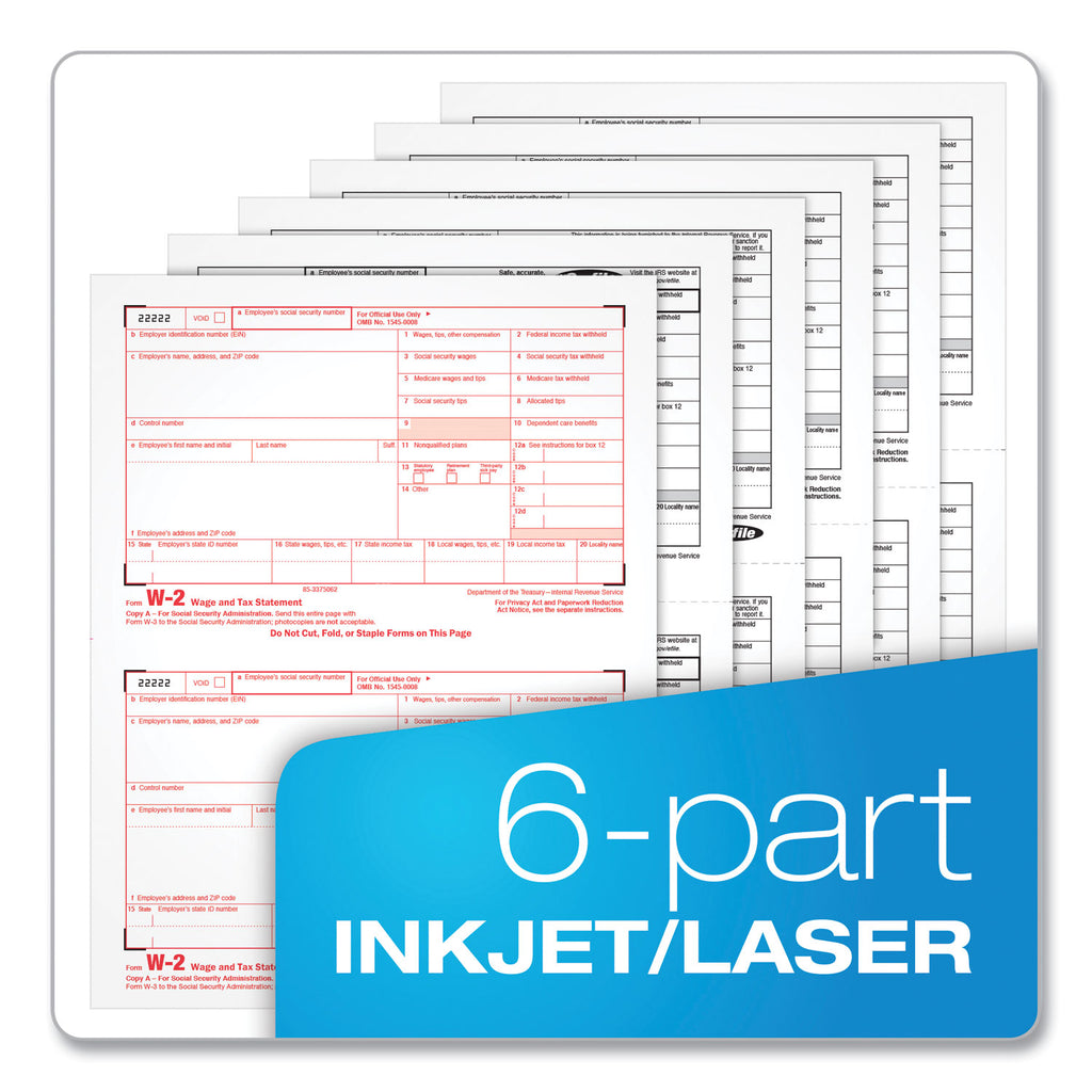 W-2 Tax Forms Kit with Envelopes, Fiscal Year: 2023, Six-Part Carbonless, 8.5 x 5.5, 2 Forms/Sheet, 24 Forms Total - 