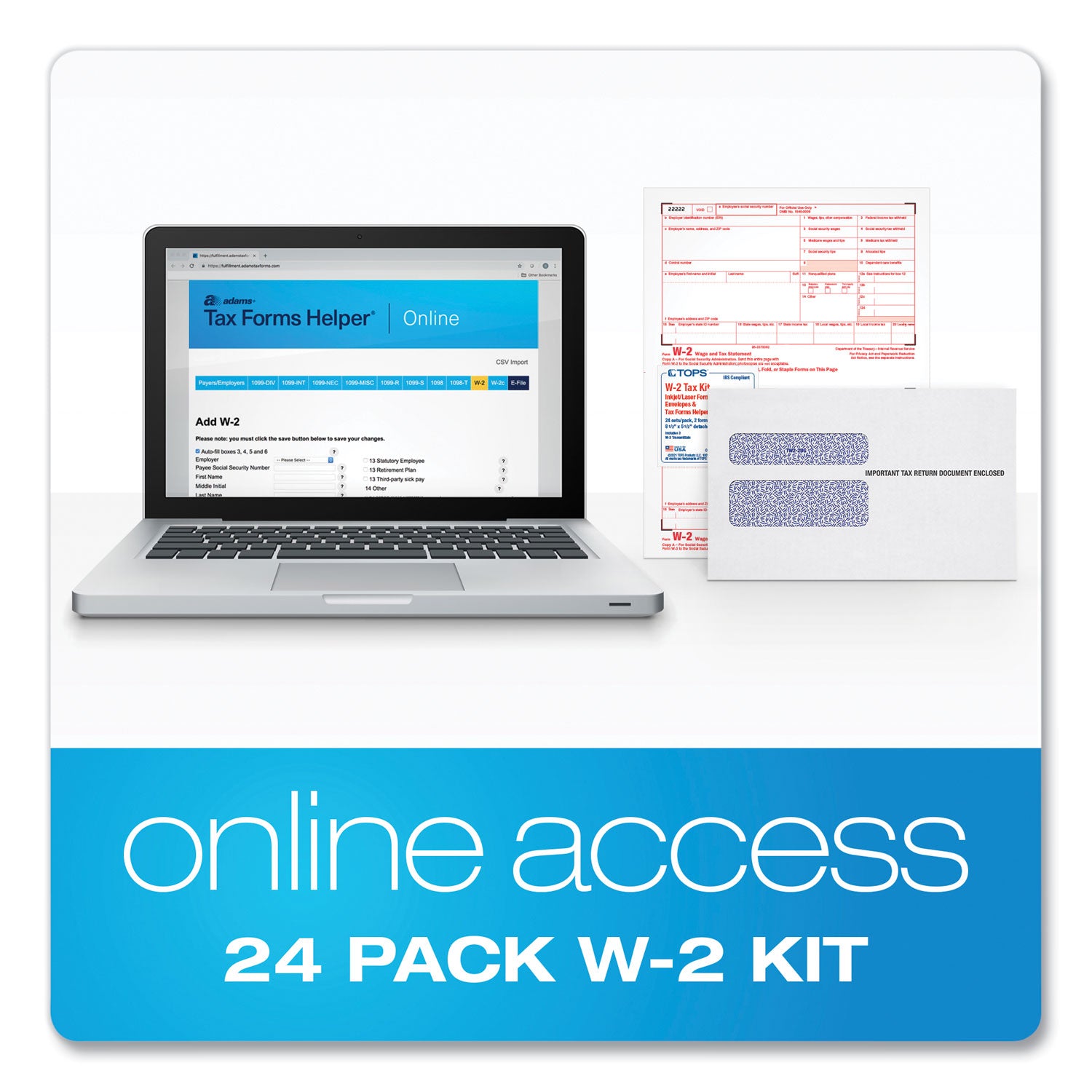 W-2 Tax Forms Kit with Envelopes, Fiscal Year: 2023, Six-Part Carbonless, 8.5 x 5.5, 2 Forms/Sheet, 24 Forms Total - 