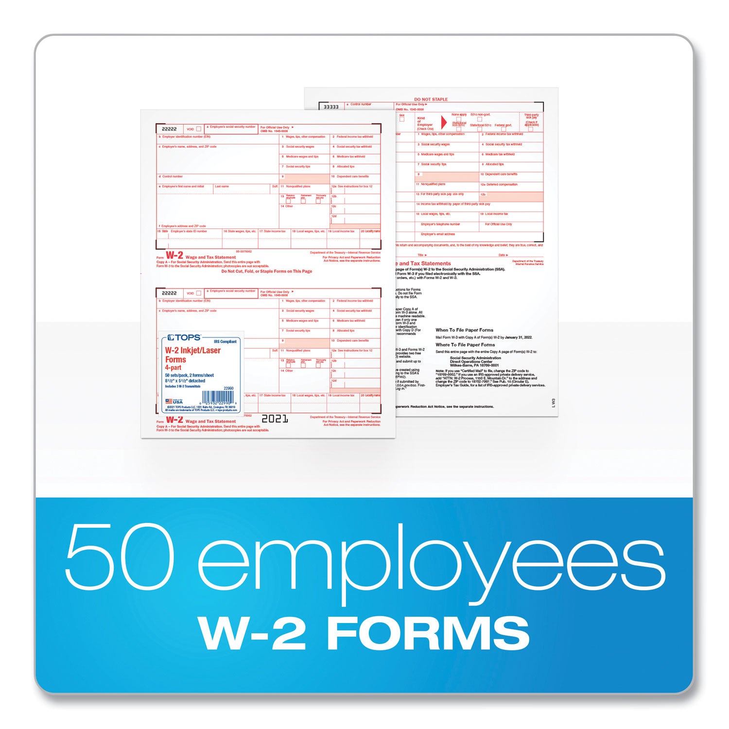 W-2 Tax Forms for Inkjet/Laser Printers, Fiscal Year: 2023, Four-Part Carbonless, 8.5 x 5.5, 2 Forms/Sheet, 50 Forms Total - 