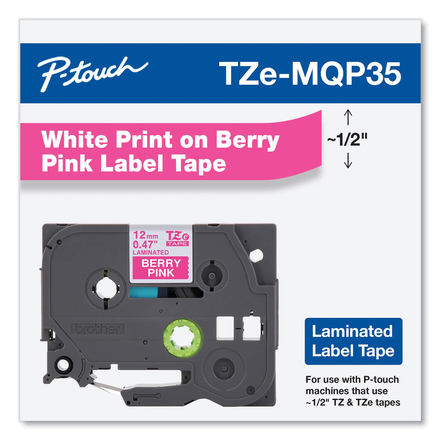 TZ Standard Adhesive Laminated Labeling Tape, 0.47" x 16.4 ft, White/Berry Pink