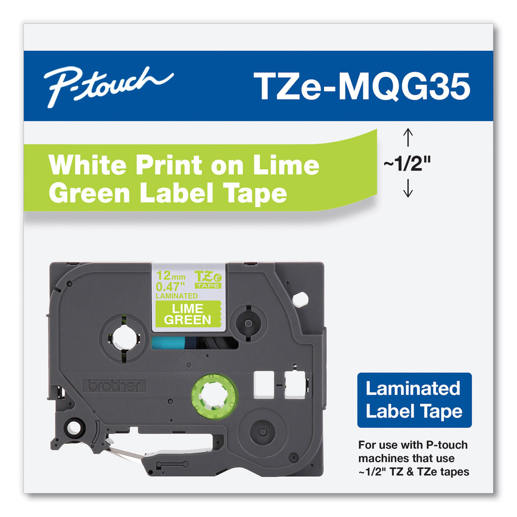 TZ Standard Adhesive Laminated Labeling Tape, 0.47" x 16.4 ft, White/Lime Green