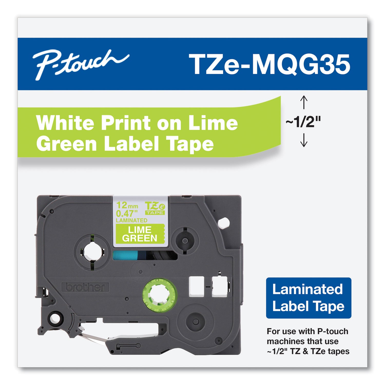 TZ Standard Adhesive Laminated Labeling Tape, 0.47" x 16.4 ft, White/Lime Green