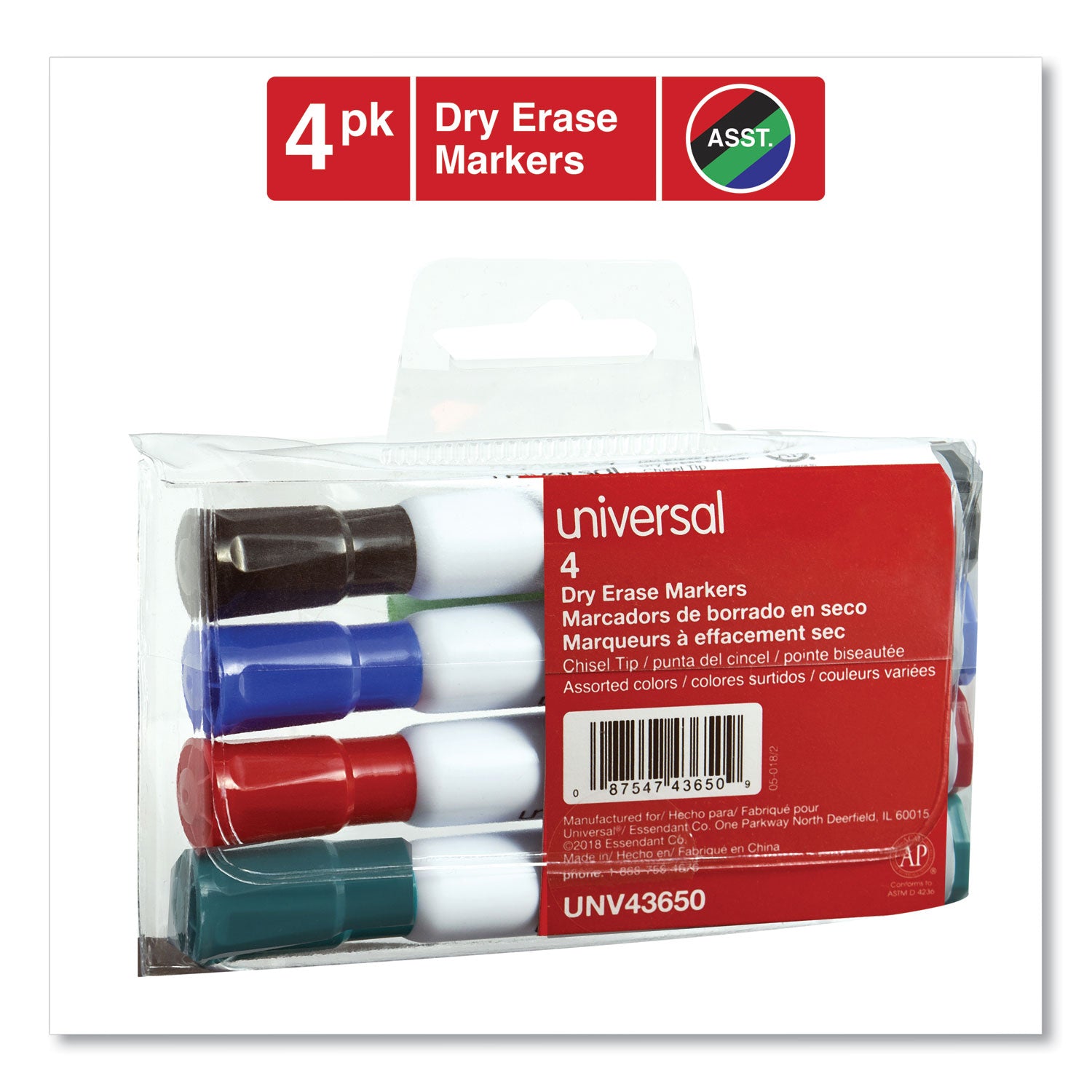 Dry Erase Marker, Broad Chisel Tip, Assorted Colors, 4/Set
